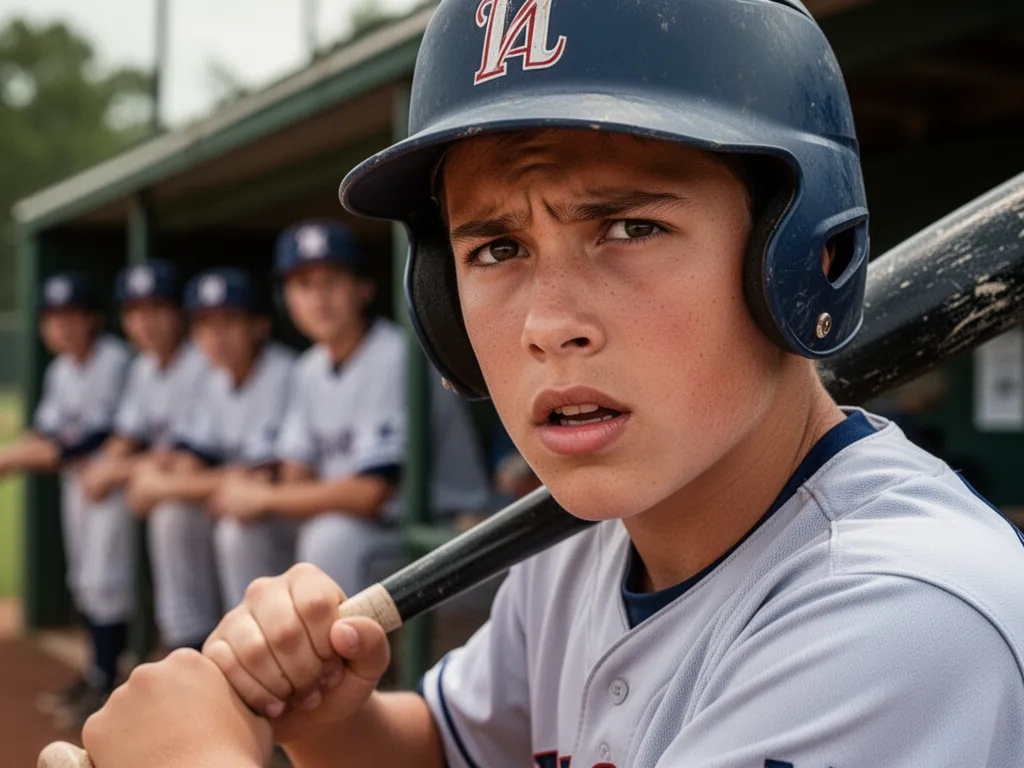 Young baseball player's focused expression holding bat with teammates visible in dugout background