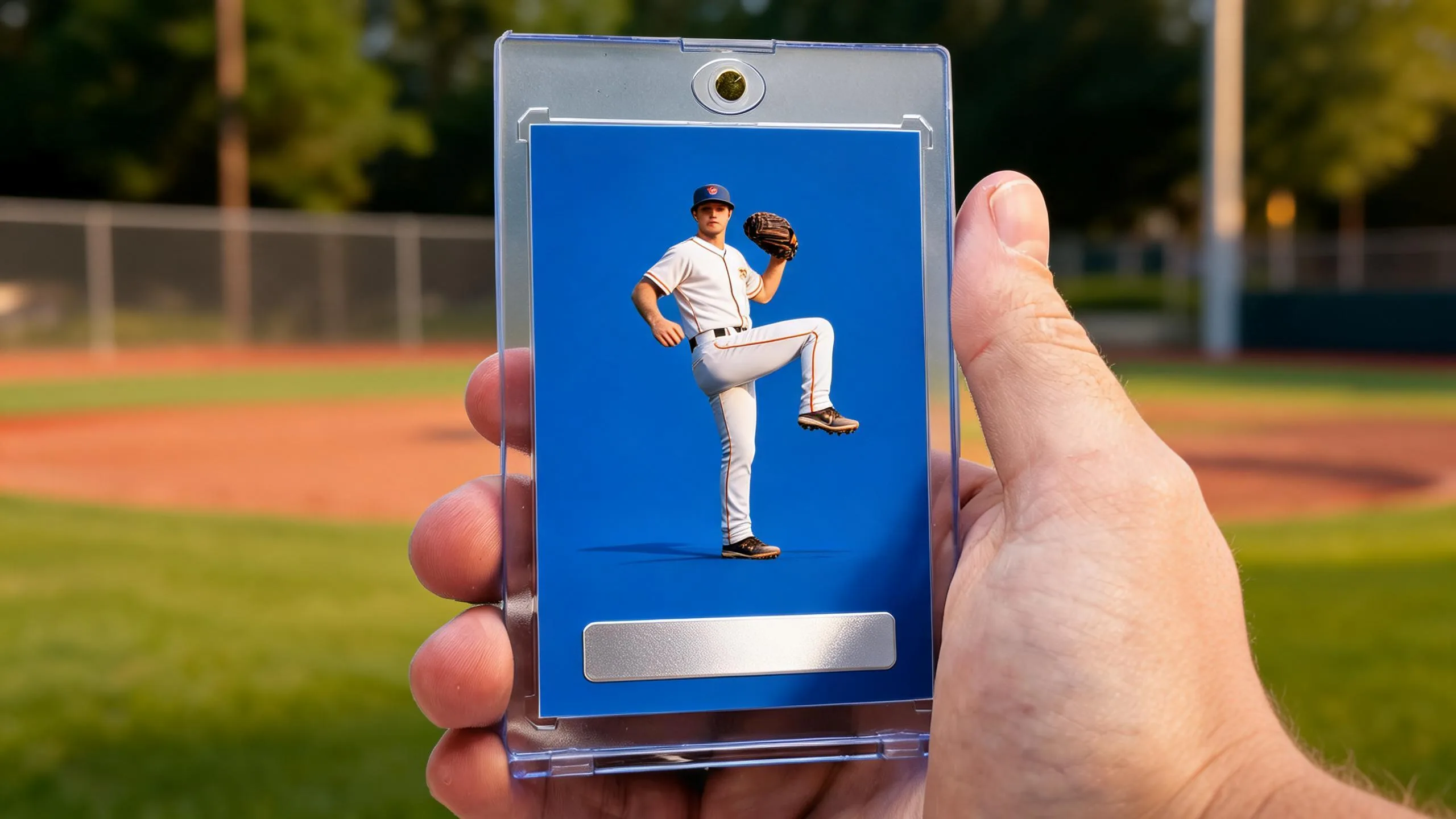 Hand holds magnetic case with custom pitcher card, topps baseball cards release dates concept, golden-hour diamond.