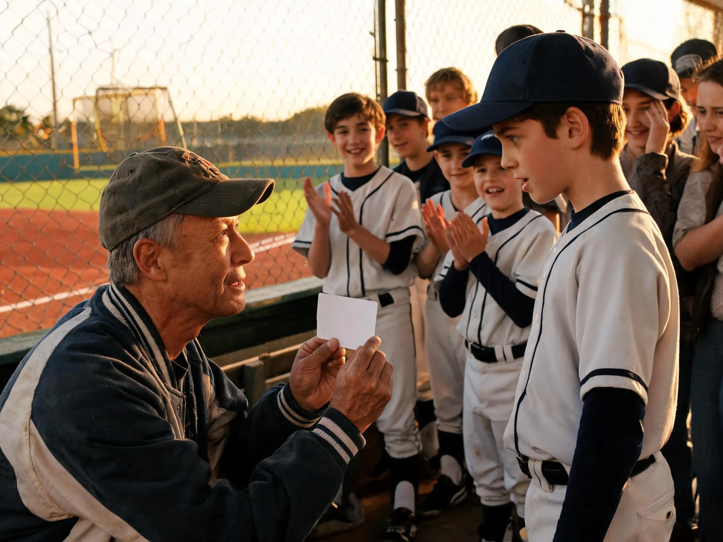 Coach shares proud moment with young baseball player near sunlit dugout and diamond.