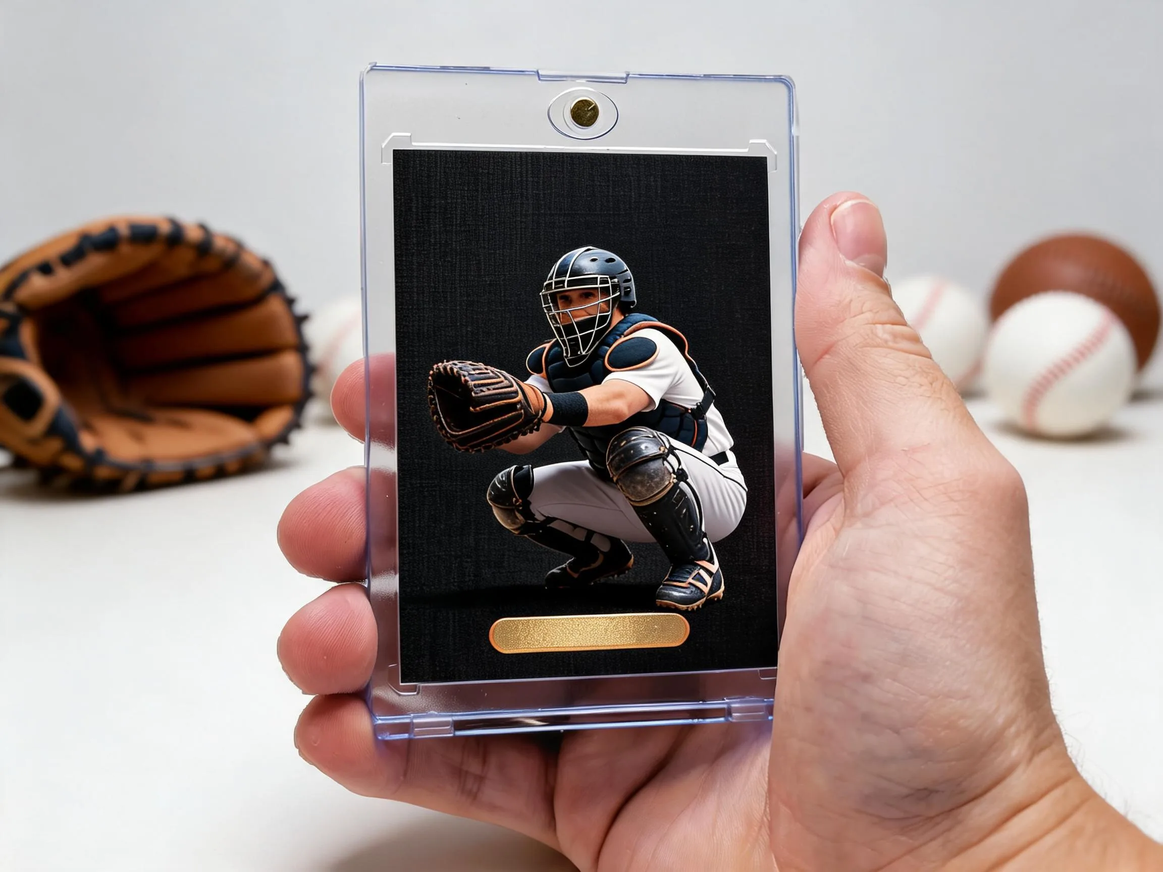Magnetic case displays custom catcher trading card with gold foil tab on white tabletop.