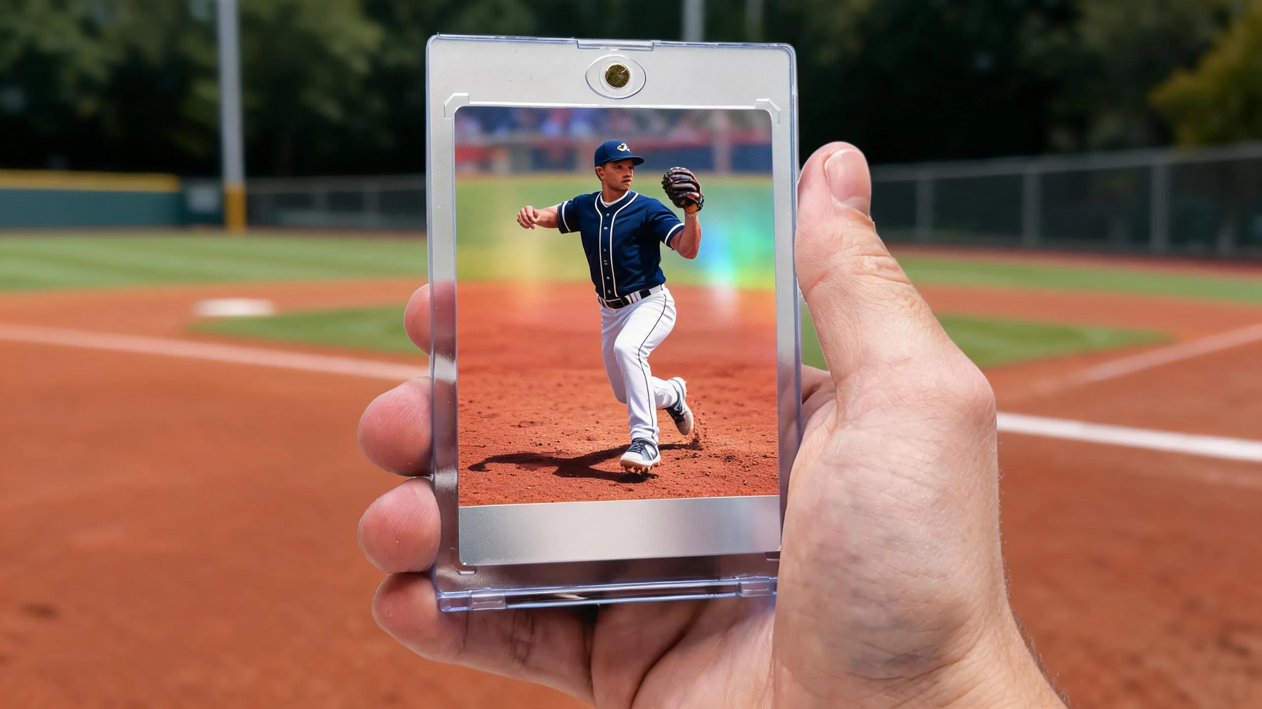 Hand holding magnetic case with custom baseball card, illustrating topps baseball release dates card design.