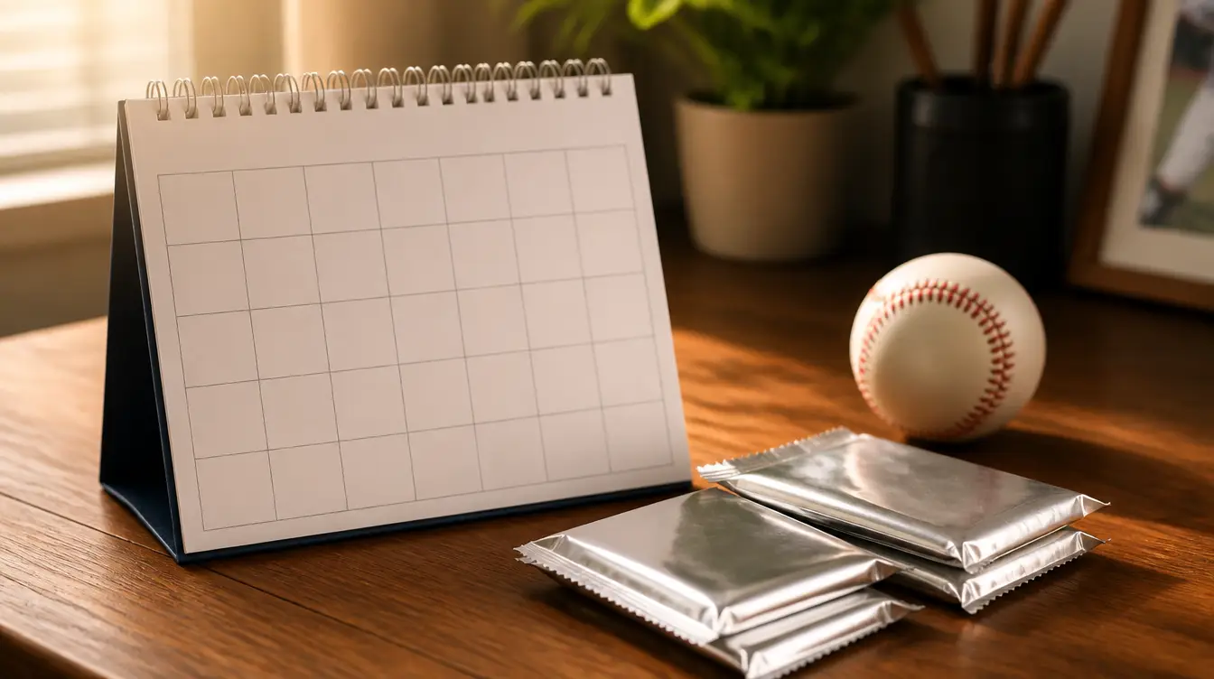 A blank desk calendar next to sealed foil trading card packs and a baseball