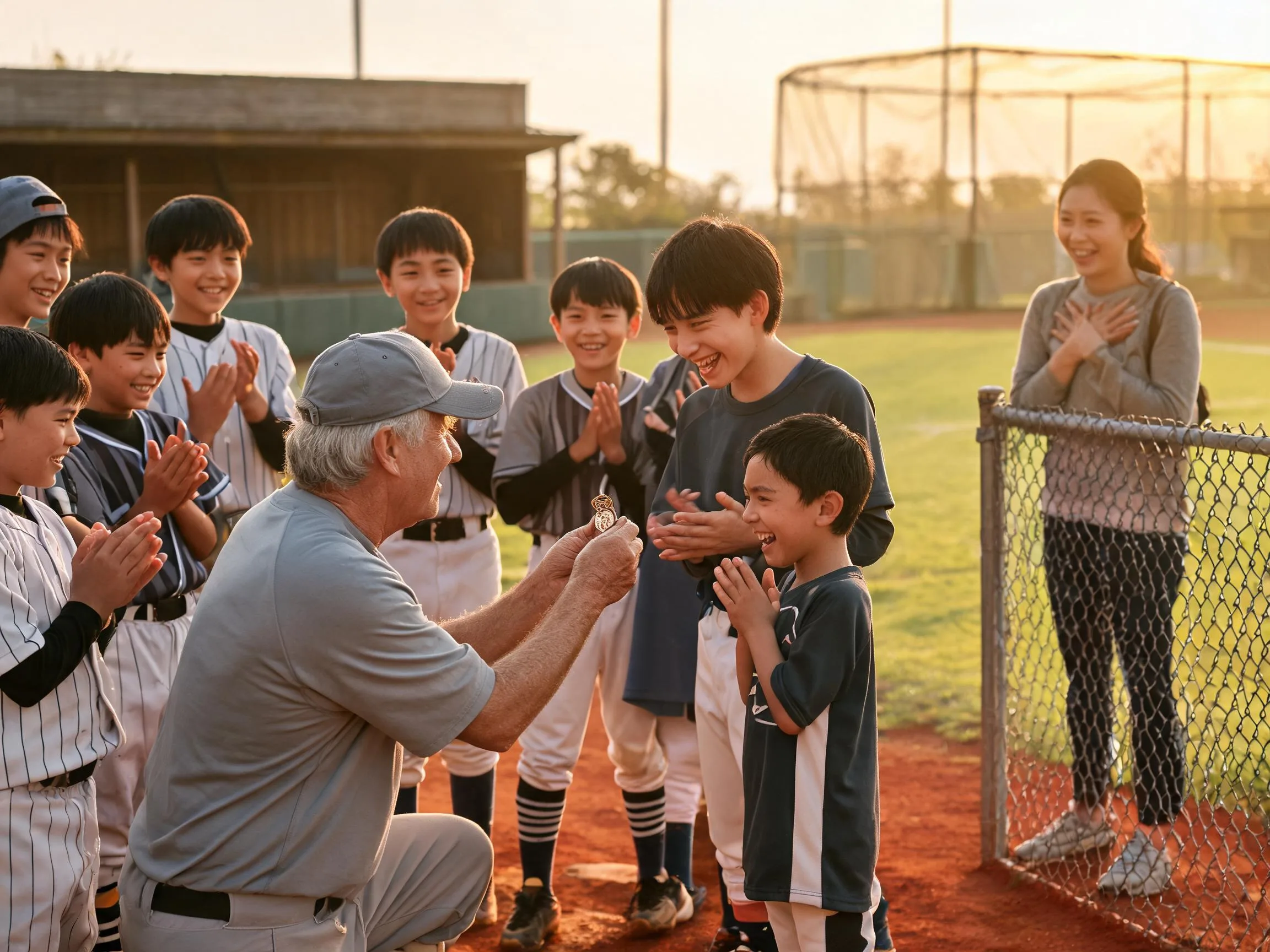 Coach and beaming young athlete share proud moment beside sunlit baseball diamond dugout.