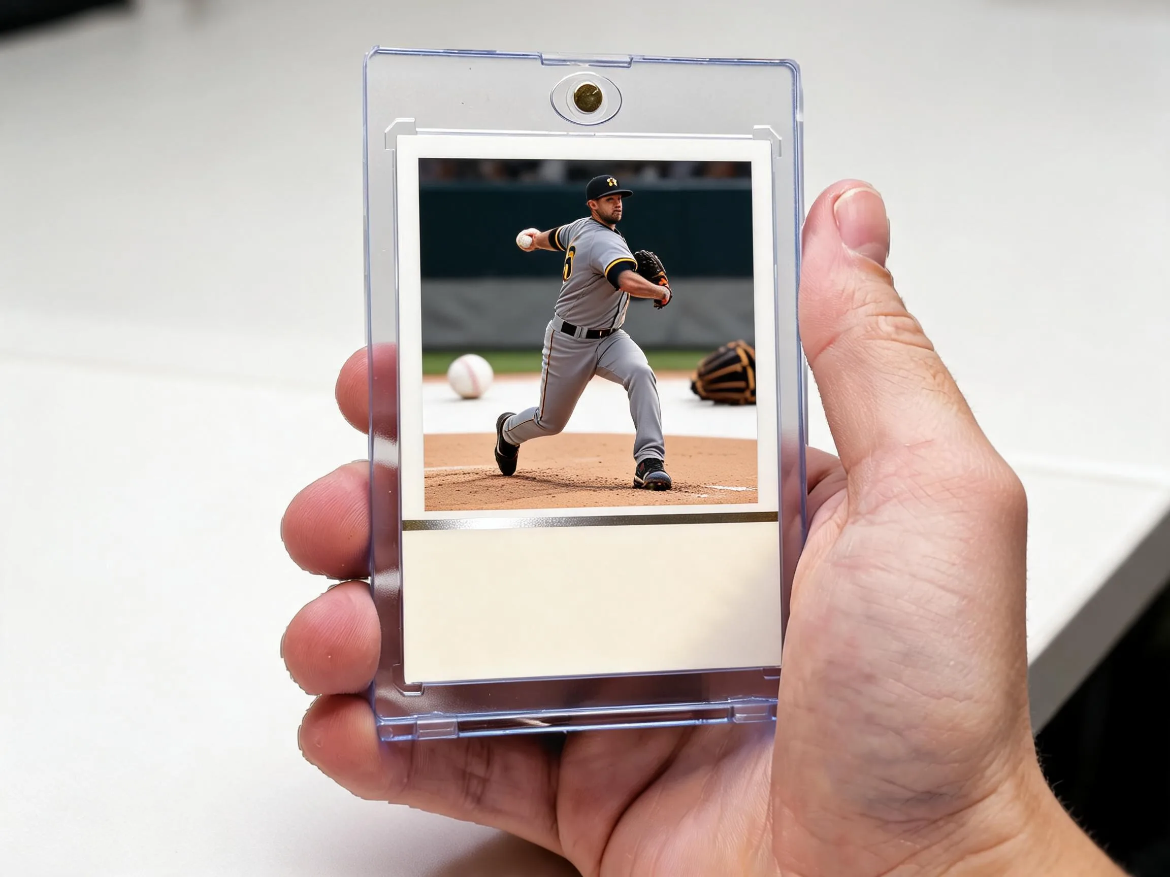Custom baseball trading card in clear magnetic case standing on white tabletop display.