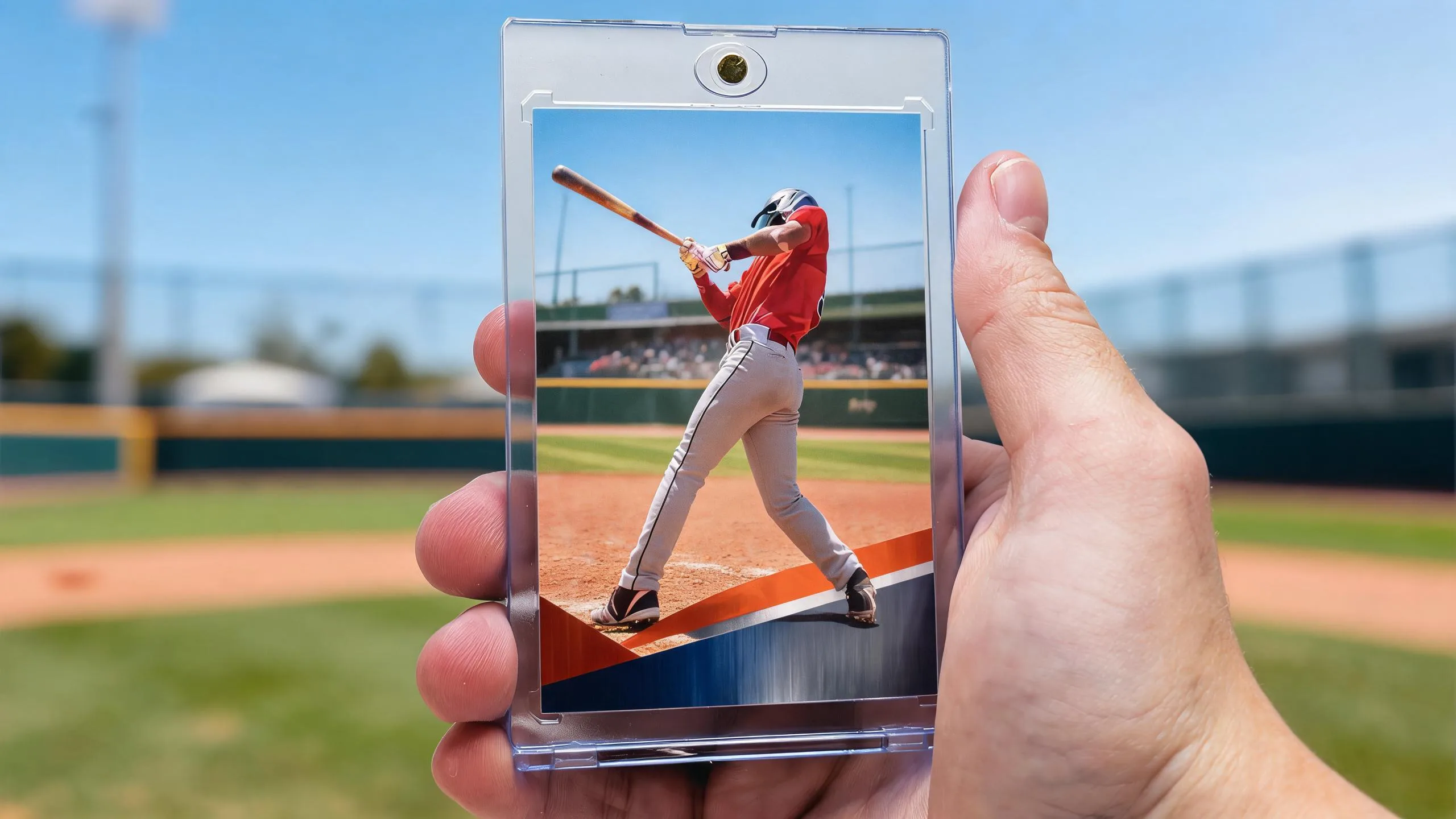 Hand holding magnetic case with custom baseball card, part of topps baseball releases collection.