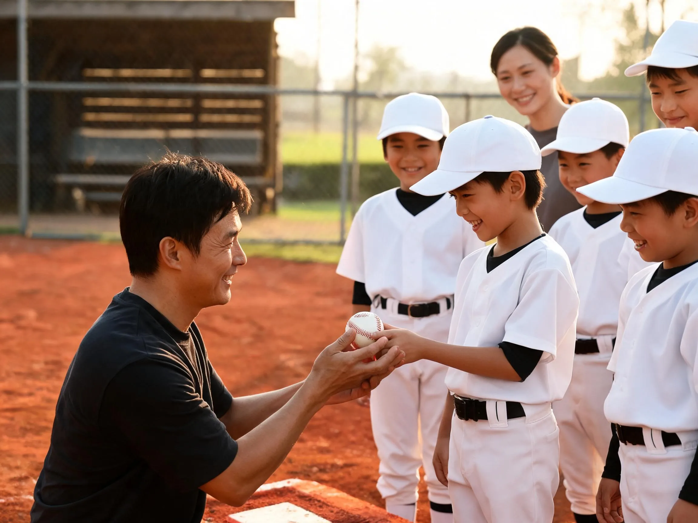 Coach and young baseball player share a proud, emotional moment on the field.