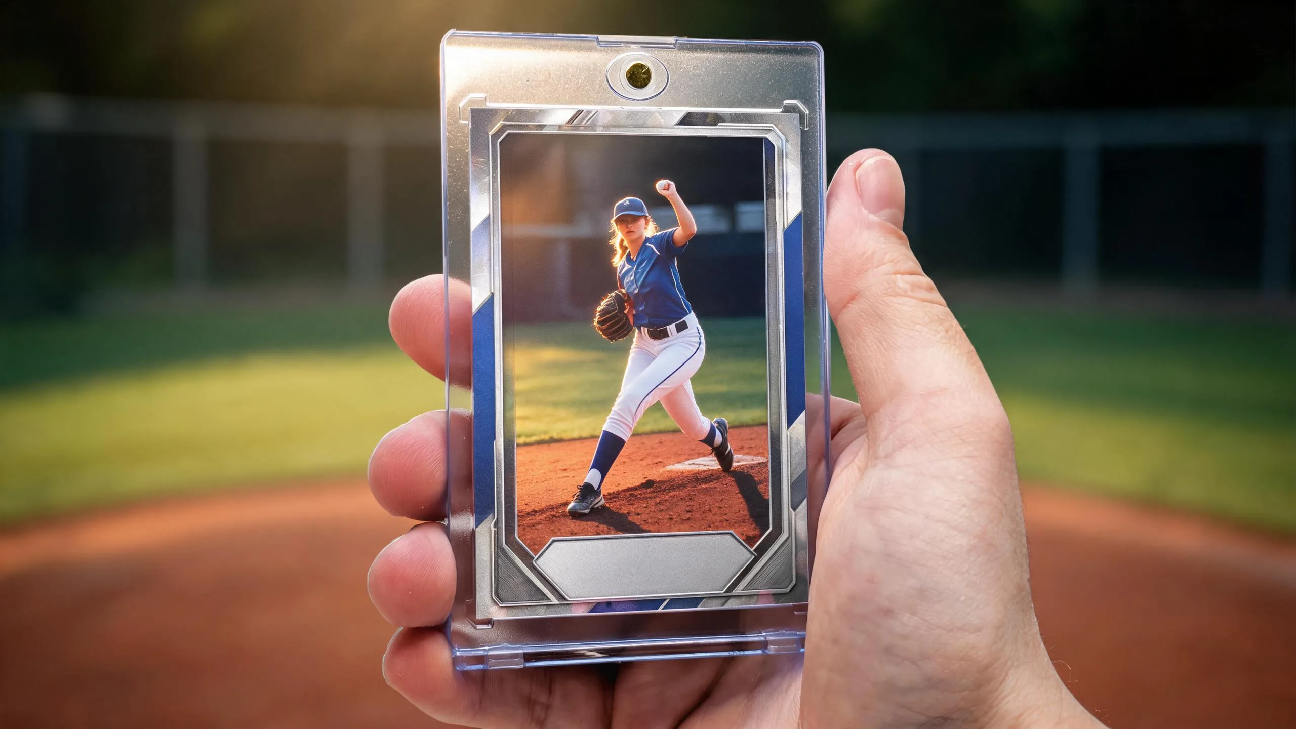 Hand holding topps card creator baseball card in magnetic case, stadium night design, golden light