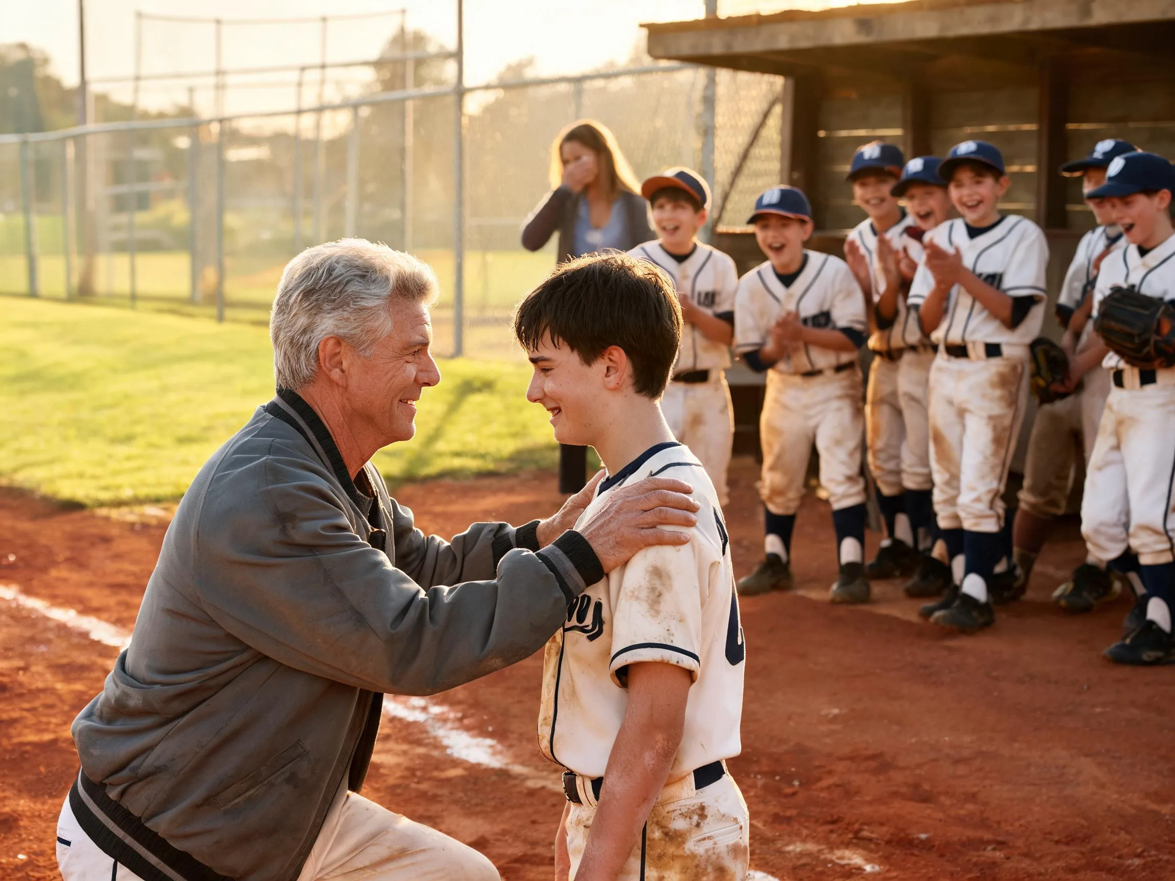 Coach and young baseball player share proud moment on sunlit diamond with teammates