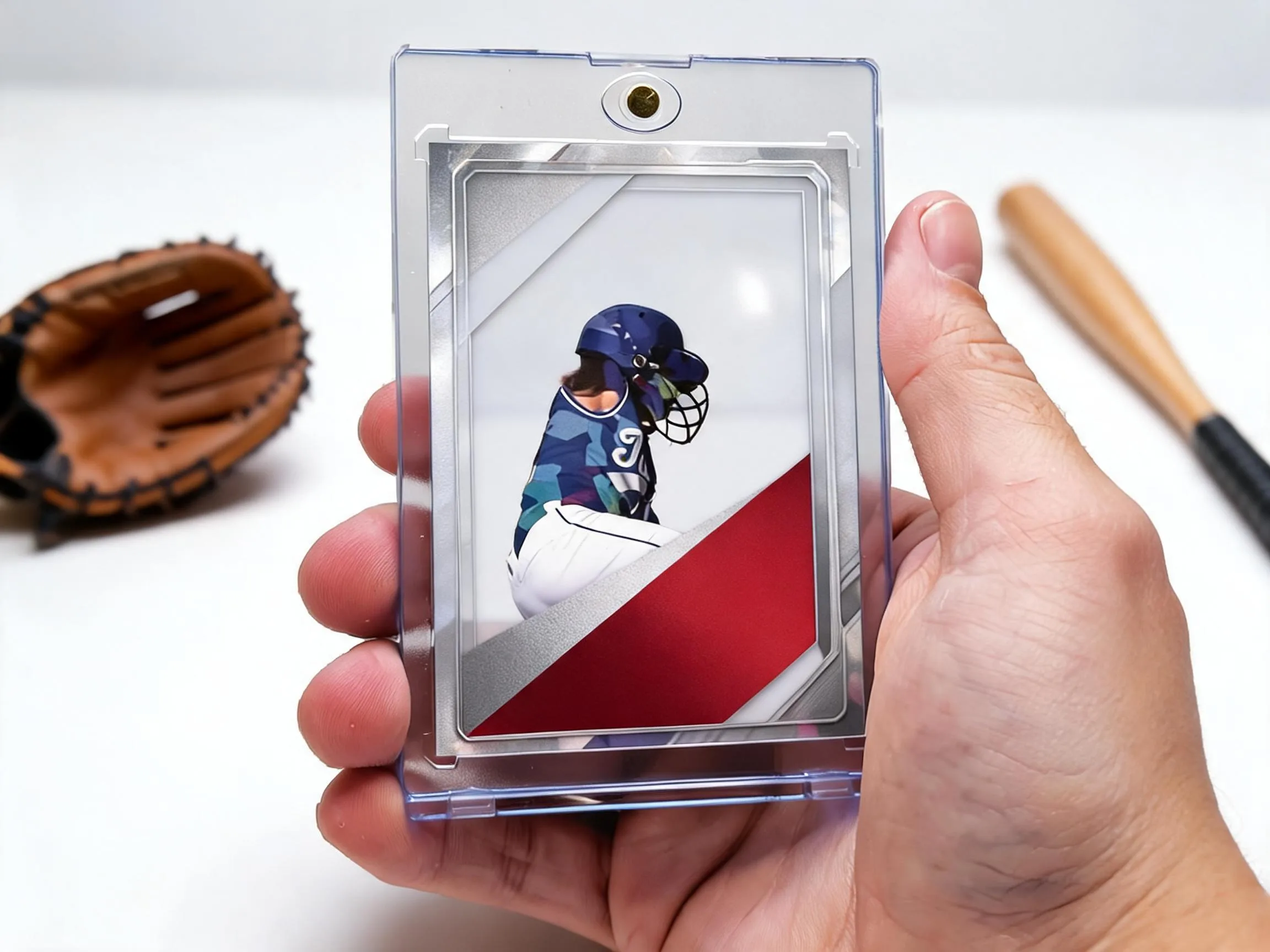 Custom baseball trading card in magnetic case with diagonal metallic band design
