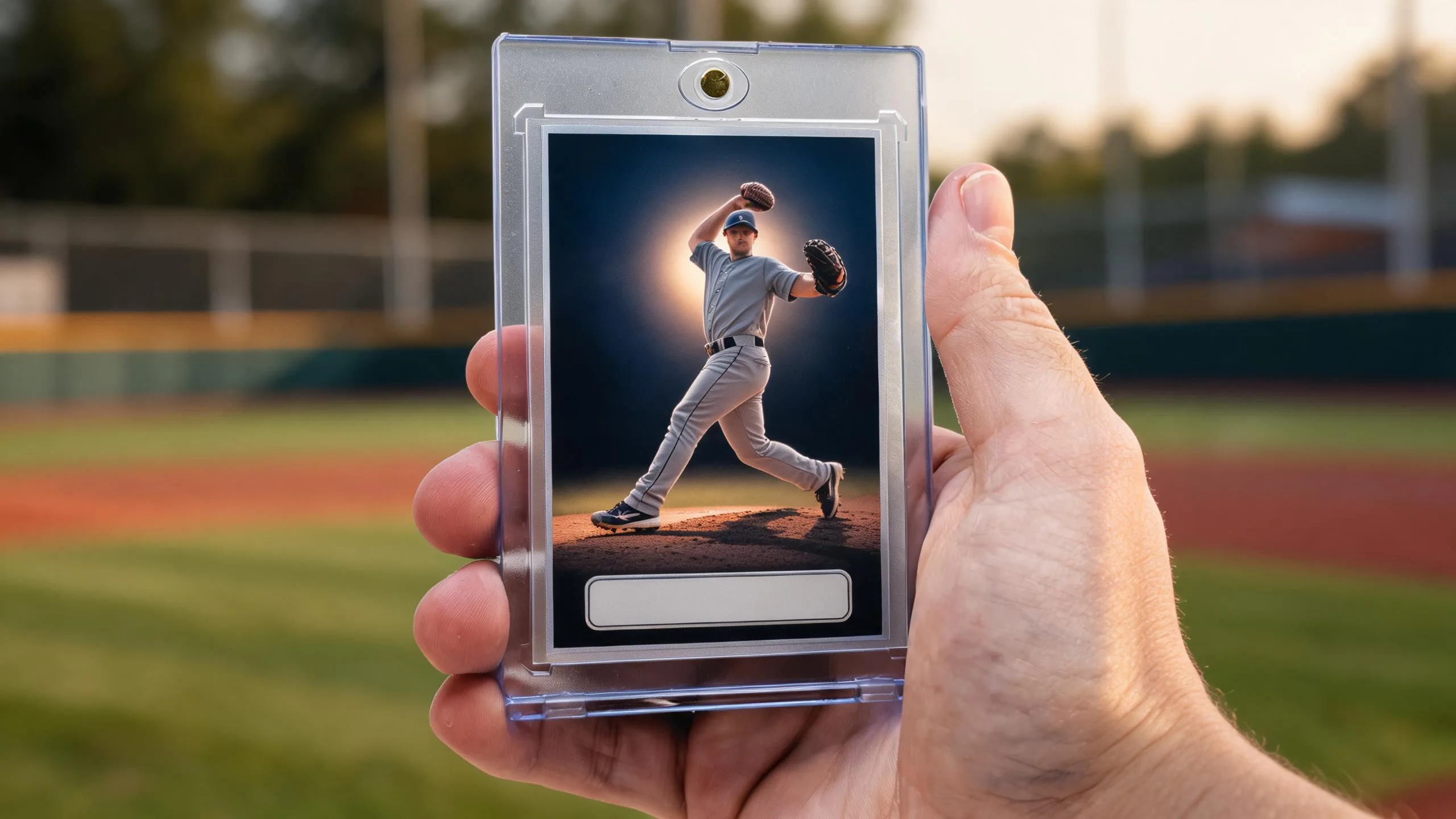 Topps card maker sample: hand holding magnetic case with glowing stadium-night pitcher card design.