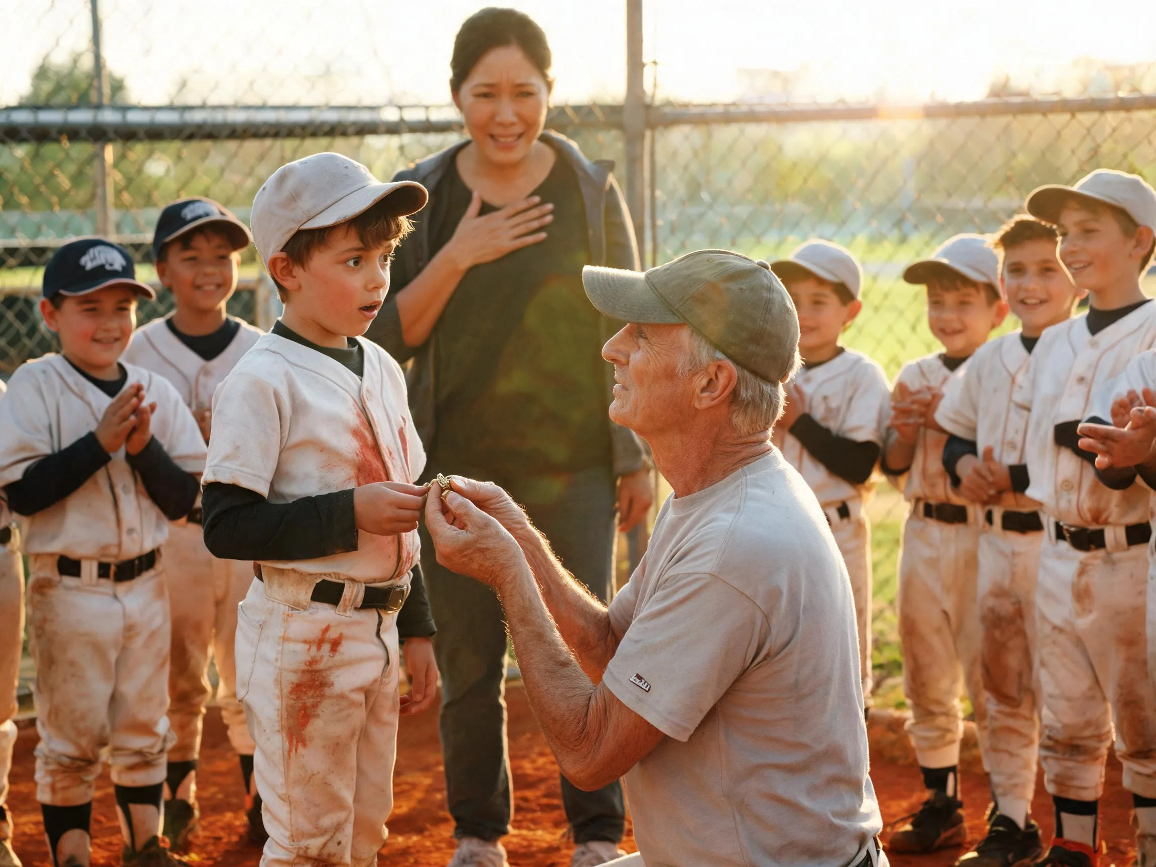 Coach and proud parent share emotional moment with young baseball player at the diamond.