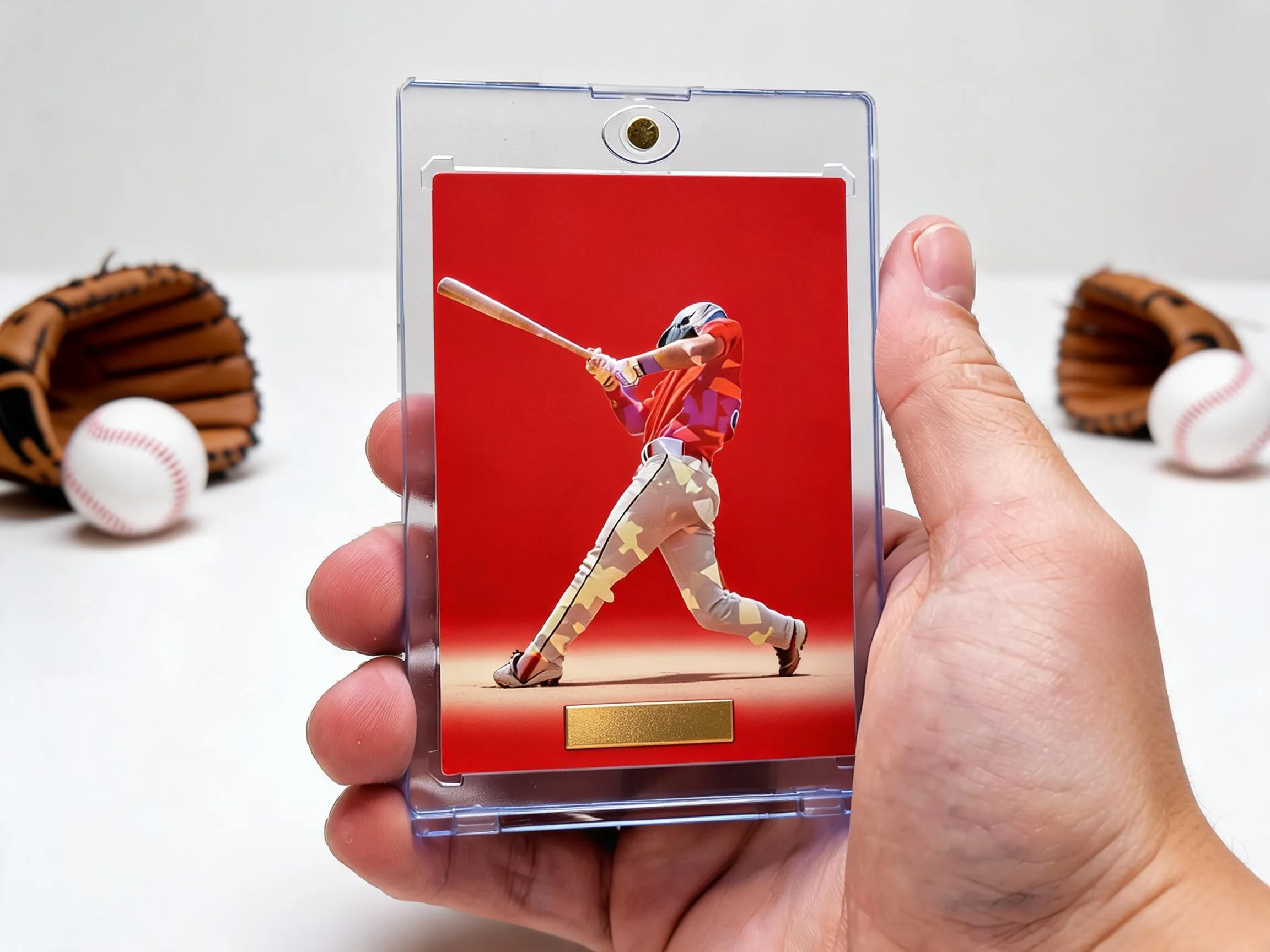 Custom baseball trading card in magnetic case showing red editorial-style batter design.