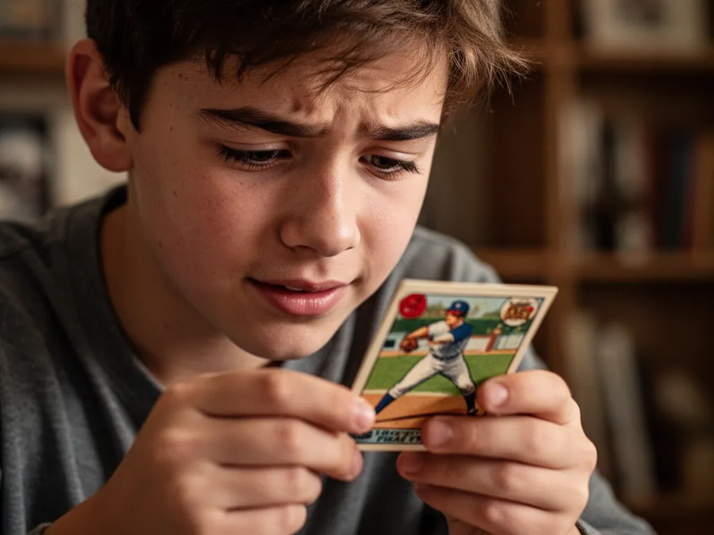 [Young collector carefully examining vintage baseball card with concentrated expression and warm lighting]