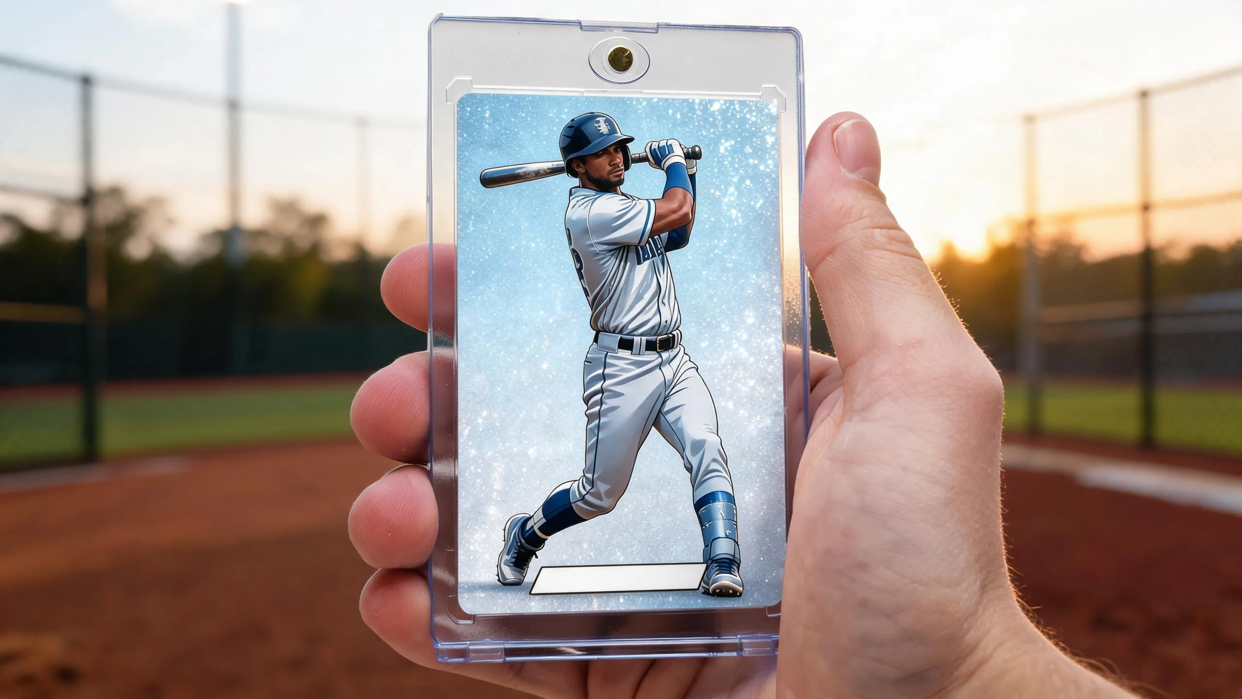 Hand holding magnetic case with silver-blue refractor card, illustrating topps card release dates trends.