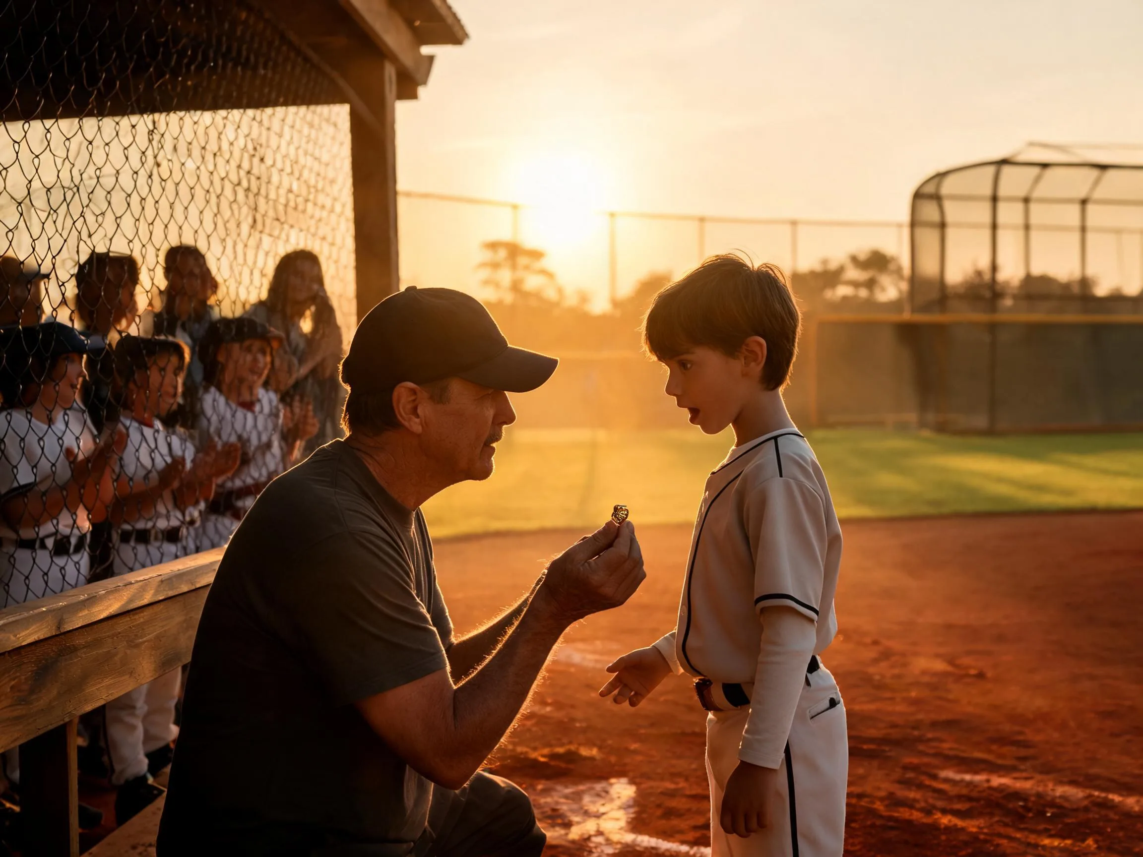 Coach and young athlete share proud emotional moment on sunlit baseball field.