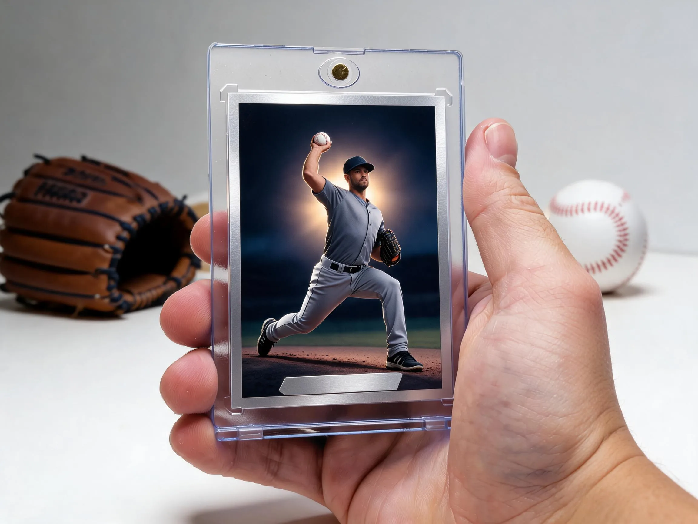 Custom baseball trading card in magnetic case with stadium-night silver border design.