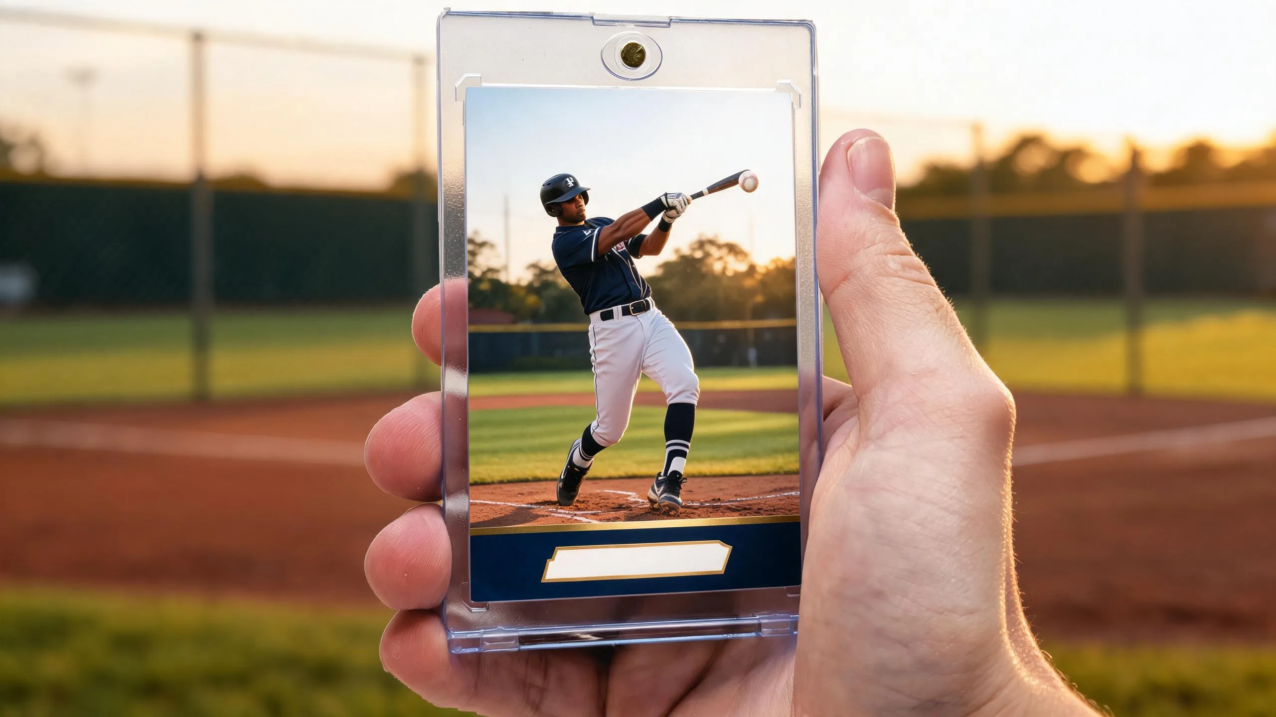 Hand holding topps card template style magnetic case with golden-hour baseball action card design.