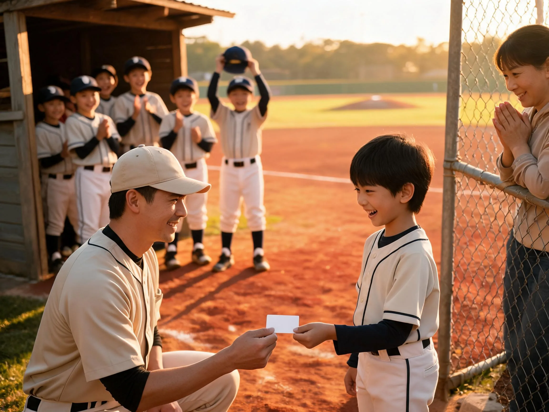 Coach and young ballplayer share proud emotional moment at sunlit baseball diamond dugout.