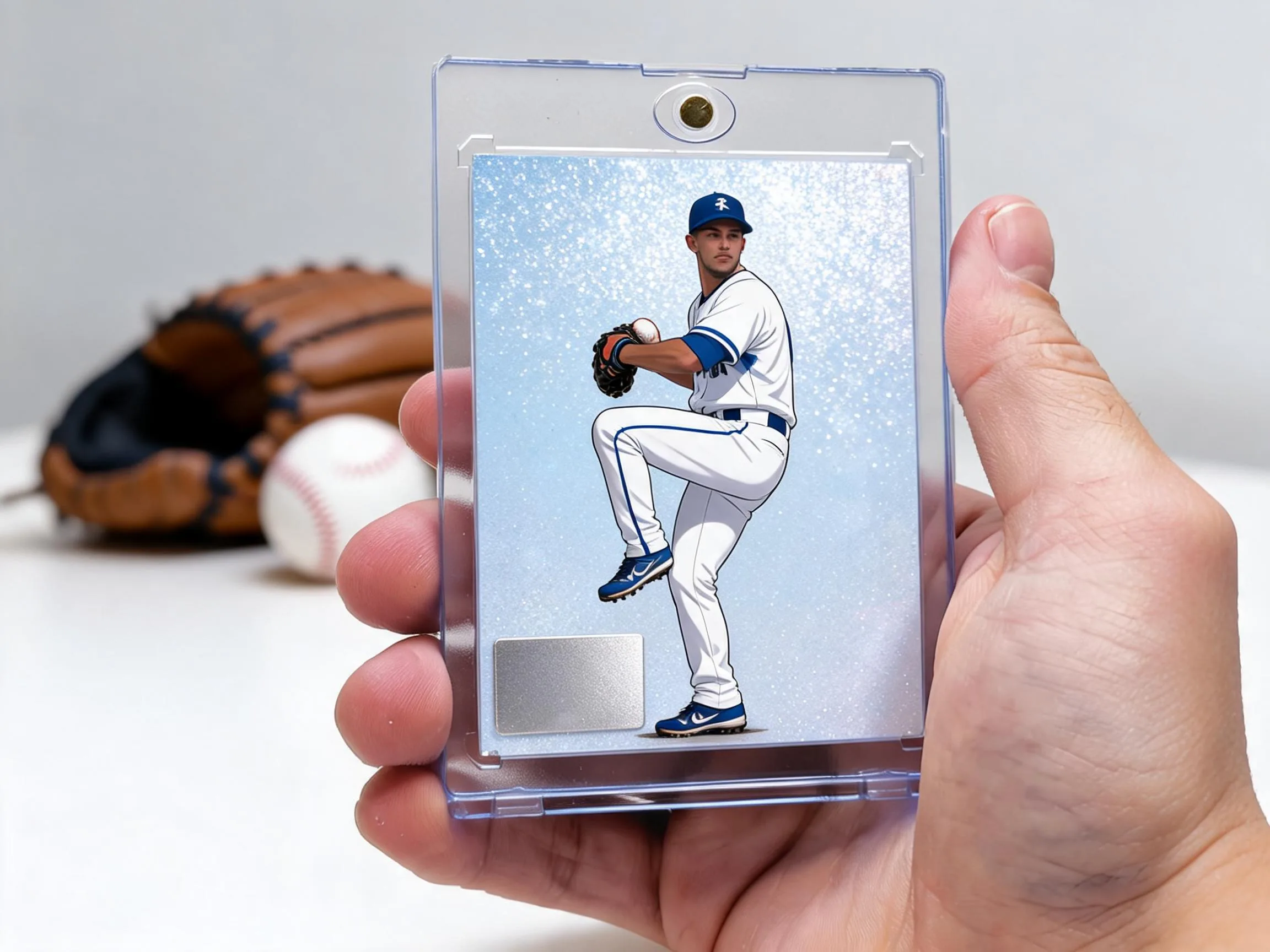 Custom baseball trading card in magnetic case with icy silver-blue refractor pitcher design.