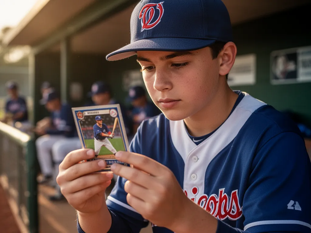 [young baseball player studying trading card with concentrated expression and genuine curiosity]