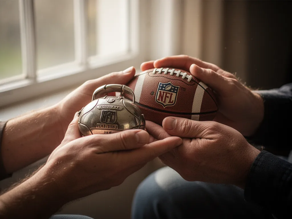 Hands holding collectible sports memorabilia with emotional expression and soft natural lighting
