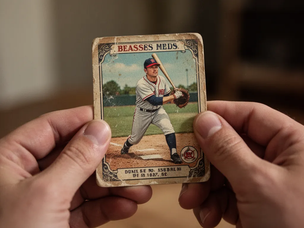 [Hands carefully holding vintage baseball card showing texture and condition detail]