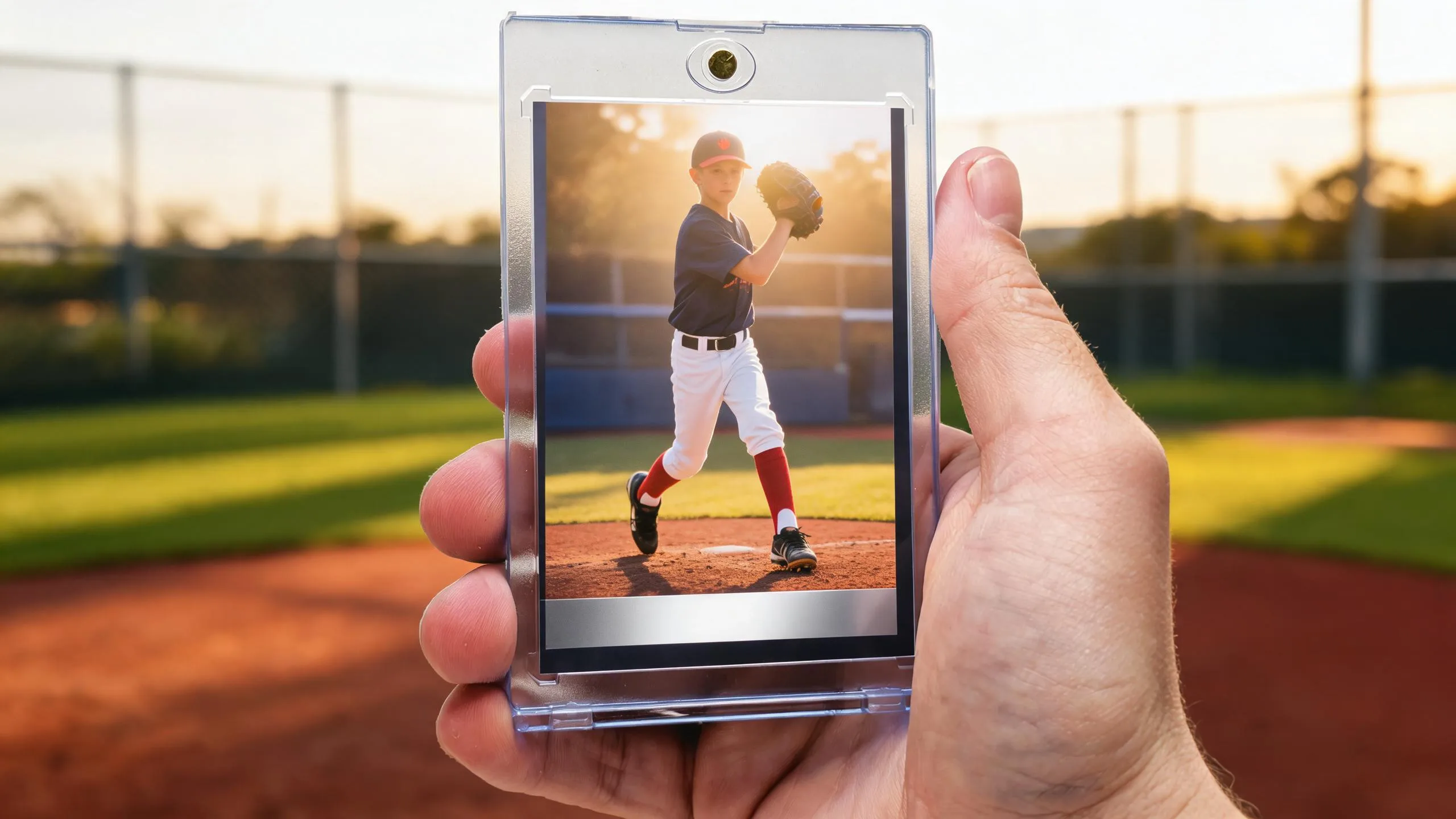 Topps create a card design: magnetic case holds custom golden-hour baseball pitcher trading card.