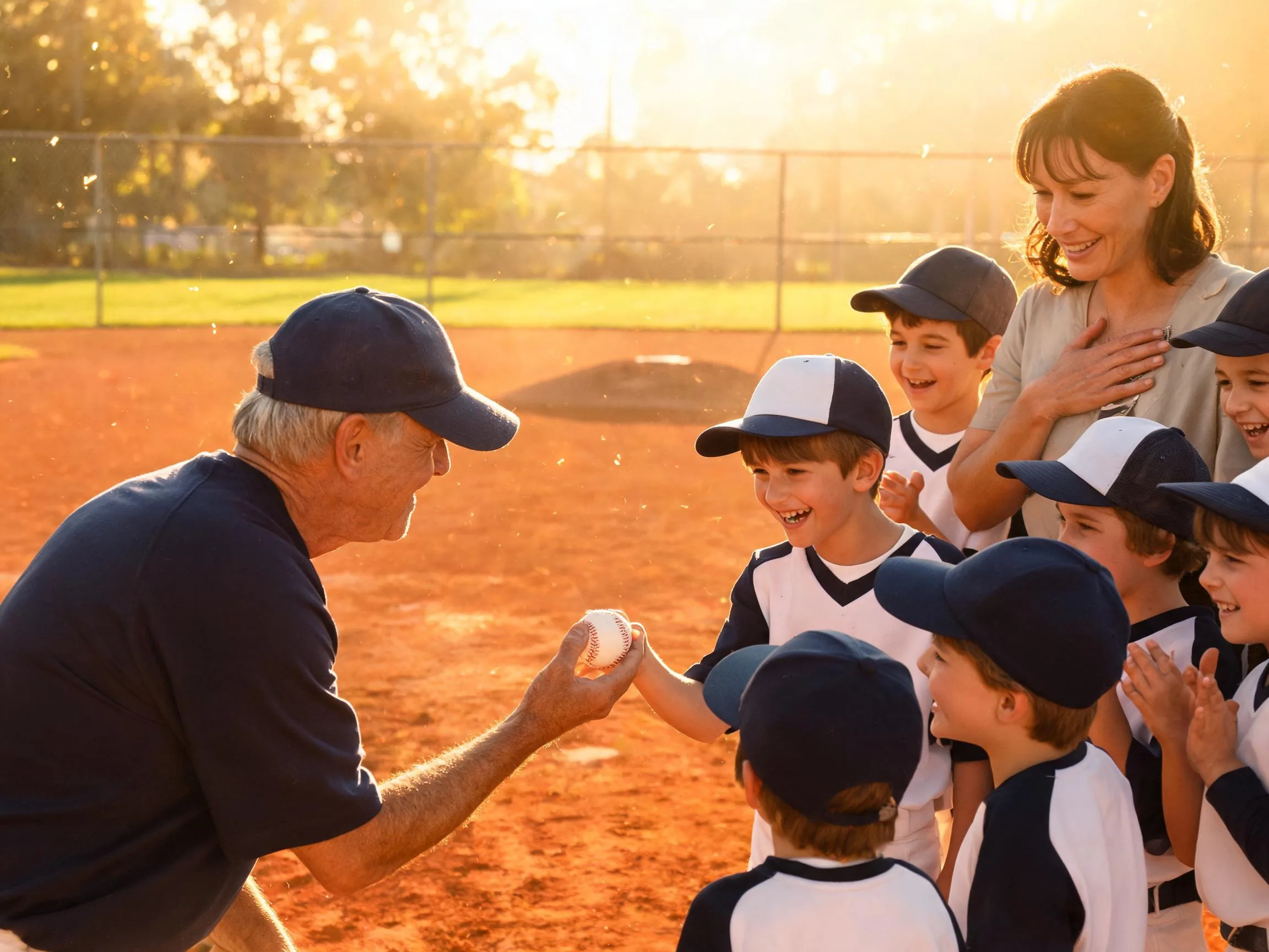Coach and young baseball player share a proud, emotional moment on the field.
