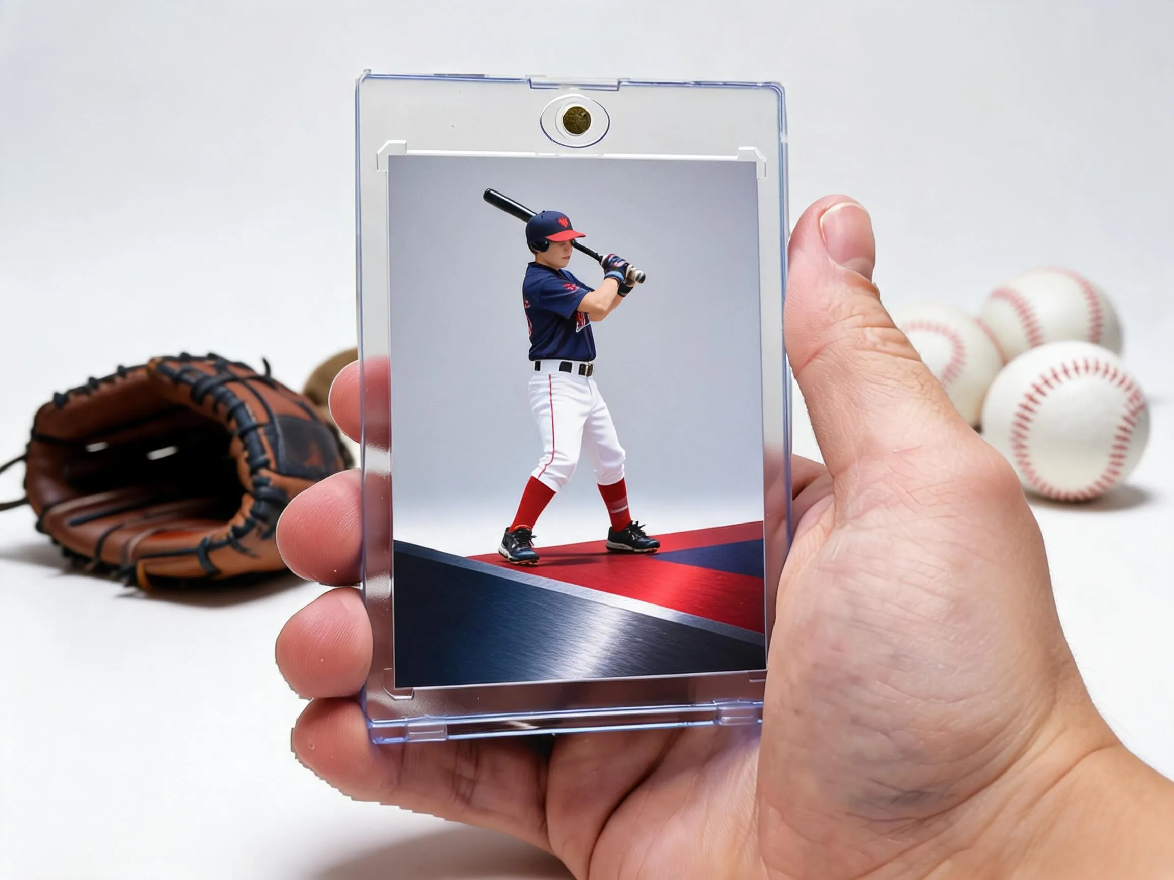 Custom baseball trading card with diagonal red and blue band in magnetic case.