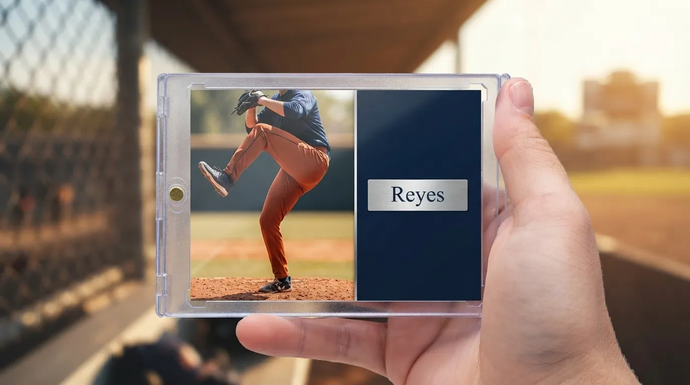 Hand holds magnetic case with topps custom baseball card featuring split-layout pitcher action design.