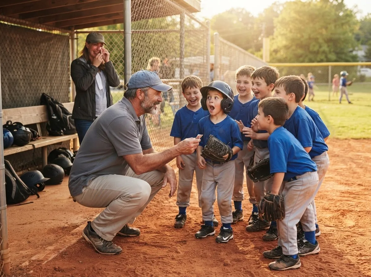 Coach shares proud moment with young baseball player as teammates celebrate warmly together.