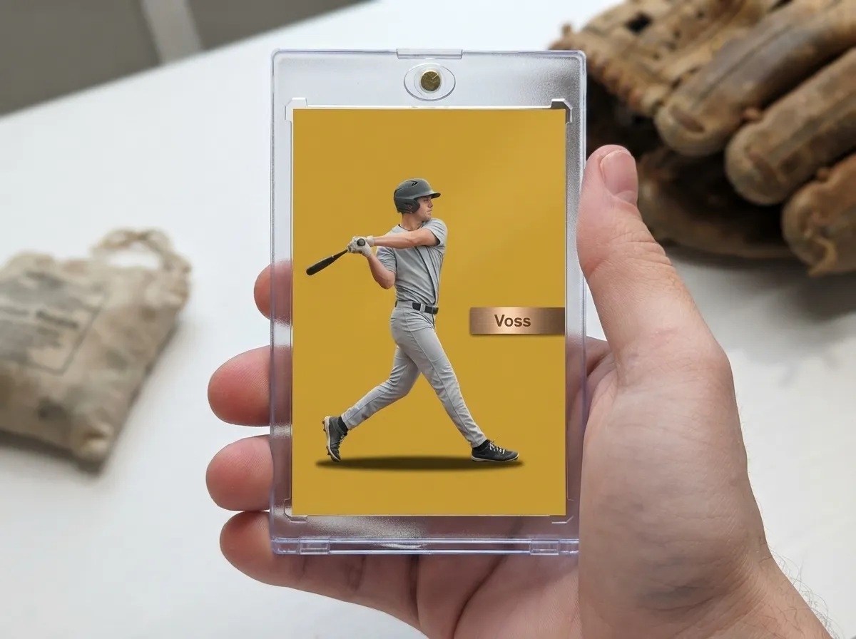 Magnetic case displays custom baseball trading card with bold yellow editorial batter design.