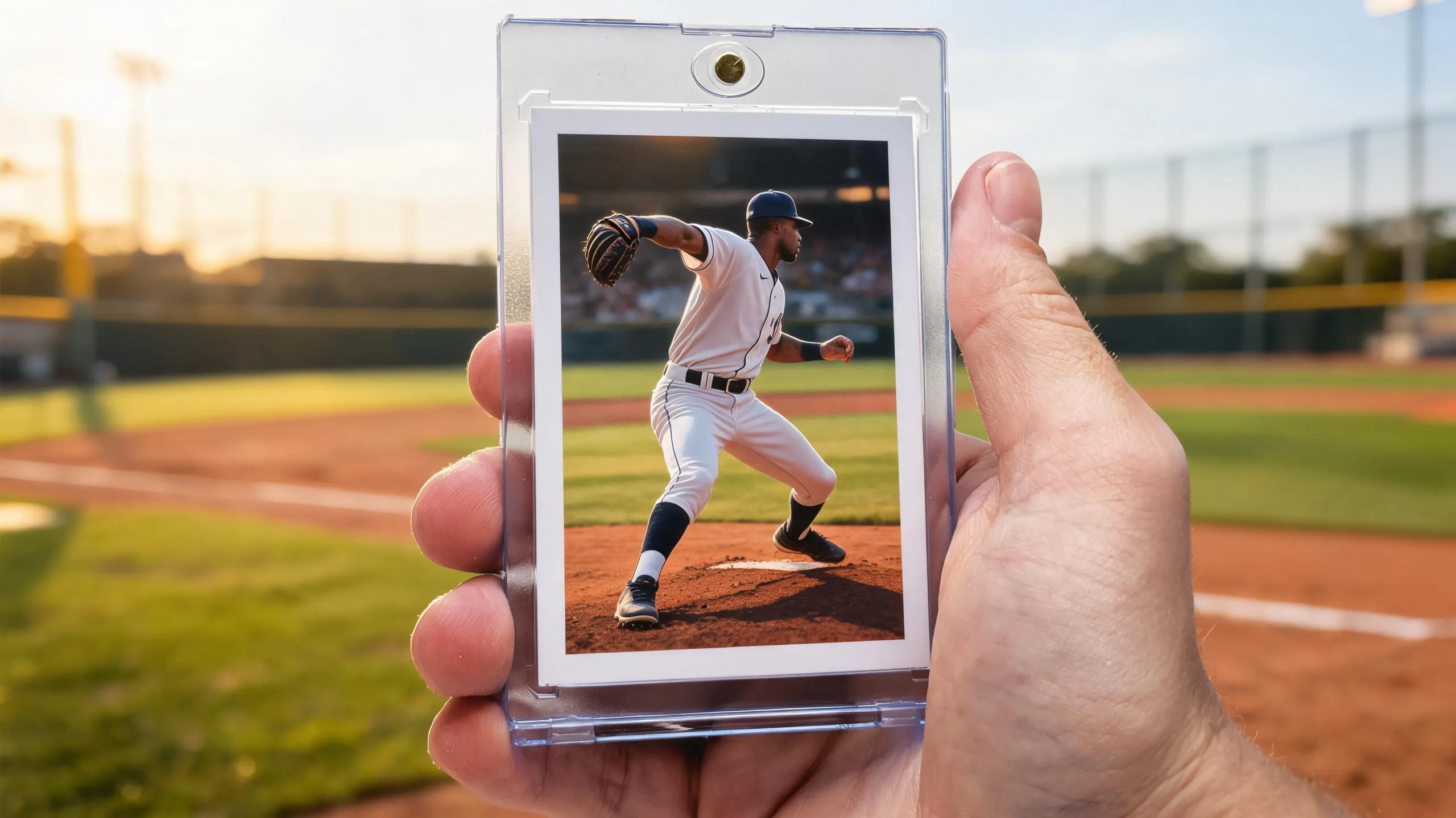 Hand holding magnetic case with topps custom baseball cards pitcher design at golden hour