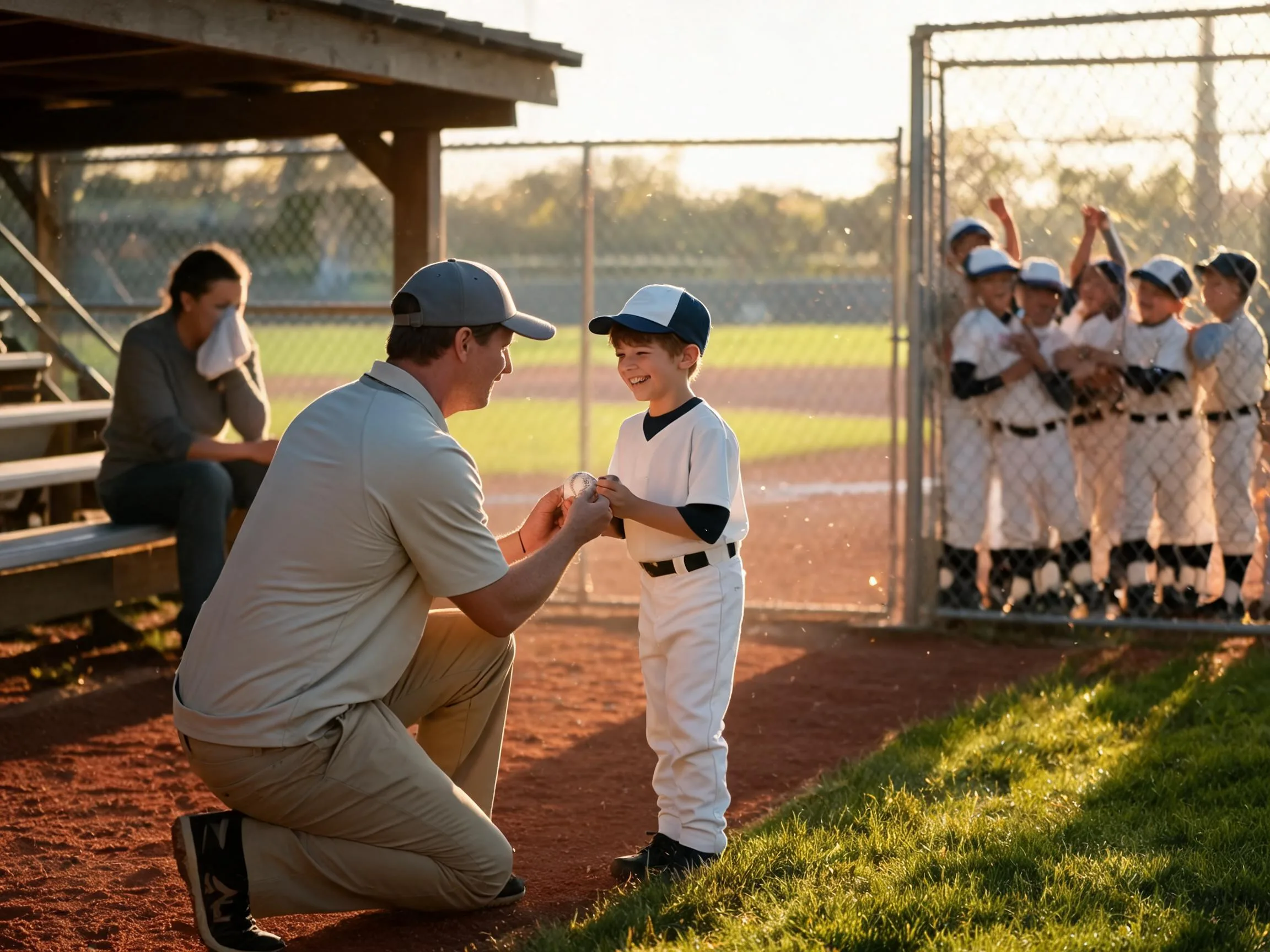 Coach and young player share proud moment on sunlit baseball diamond near dugout