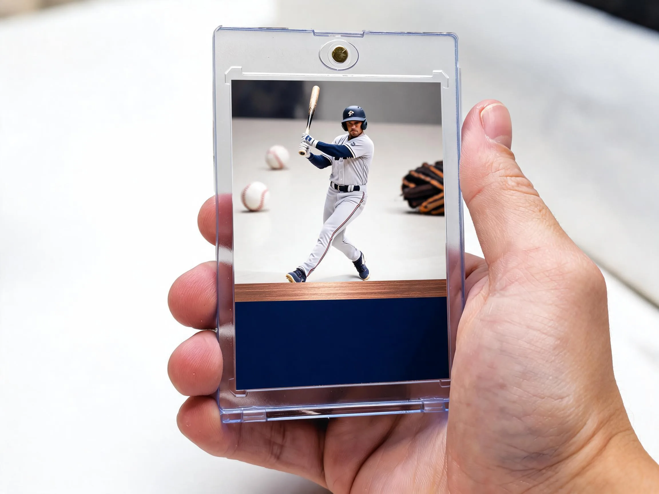 Custom baseball trading card in magnetic case with navy copper footer design