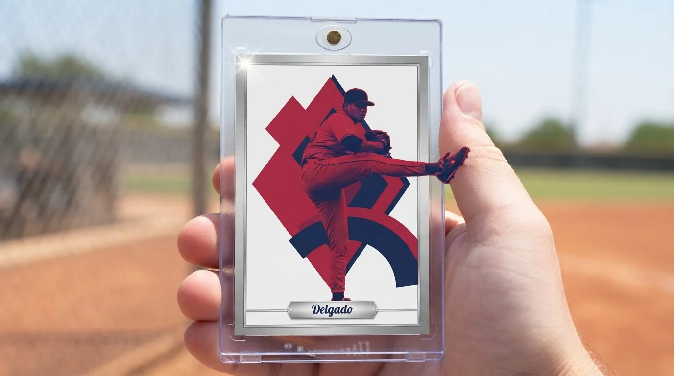 Hand holds topps custom card maker baseball card in magnetic case, duotone pitcher design.