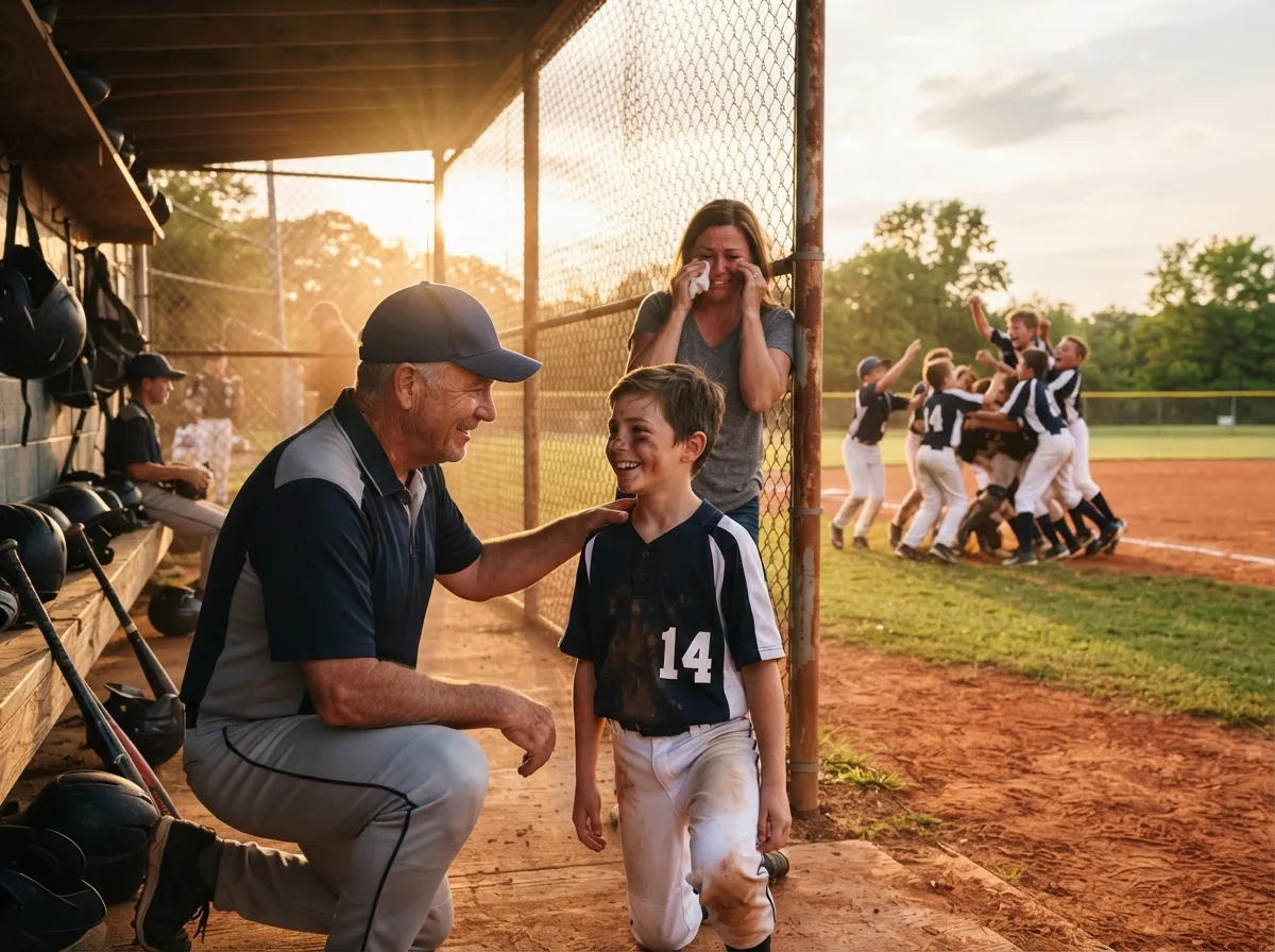 Coach and young baseball player share proud smiling moment in sunlit dugout together.