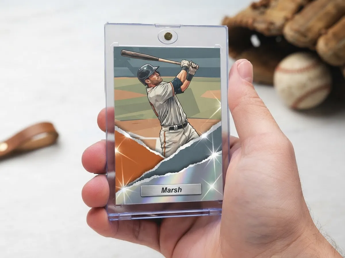 Custom baseball trading card in magnetic case showing chrome diagonal frame design.