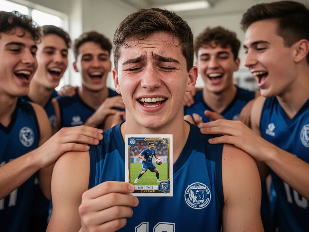 Young athlete proudly displaying custom sports card with celebrating teammates gathered closely around in background