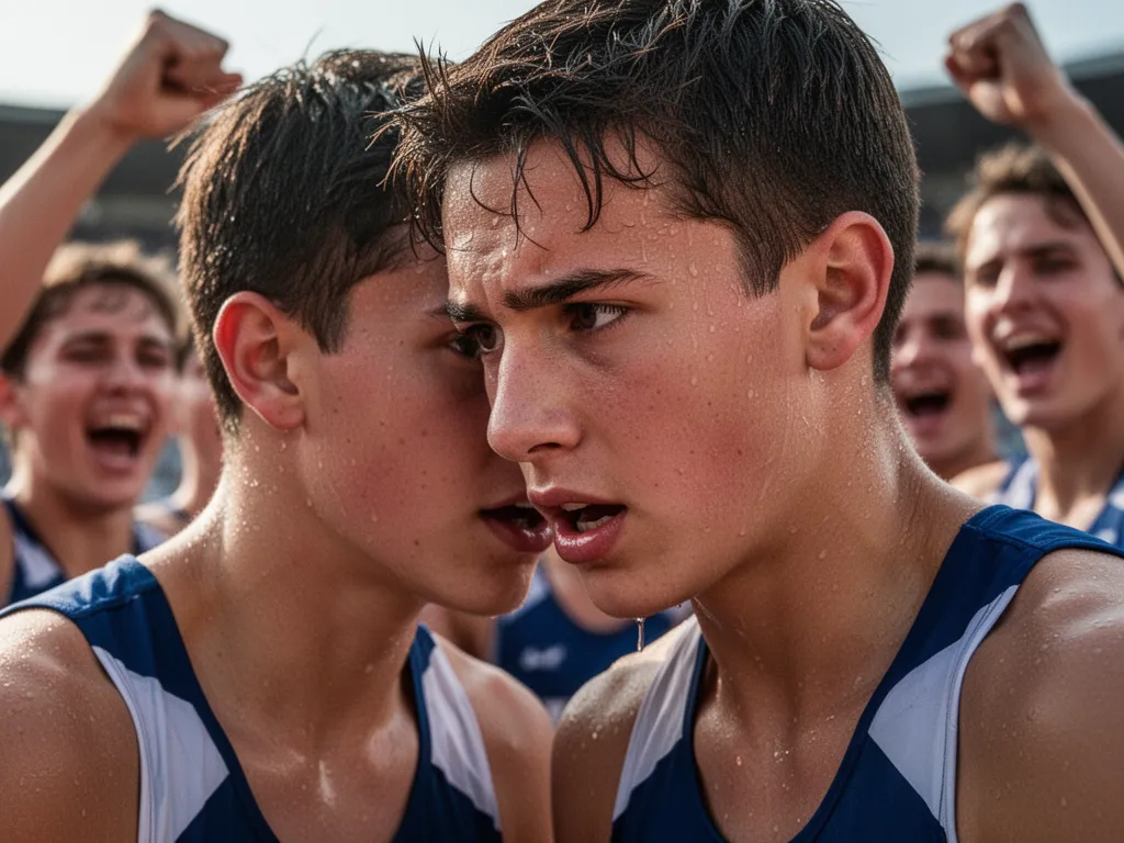 Young athlete's determined face during competition with supportive teammates visible behind them