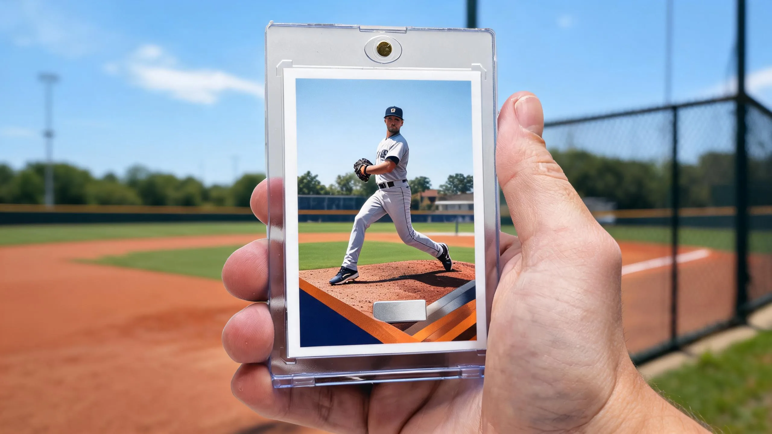 Hand holds topps custom trading cards case with pitcher card, sunny baseball diamond background.