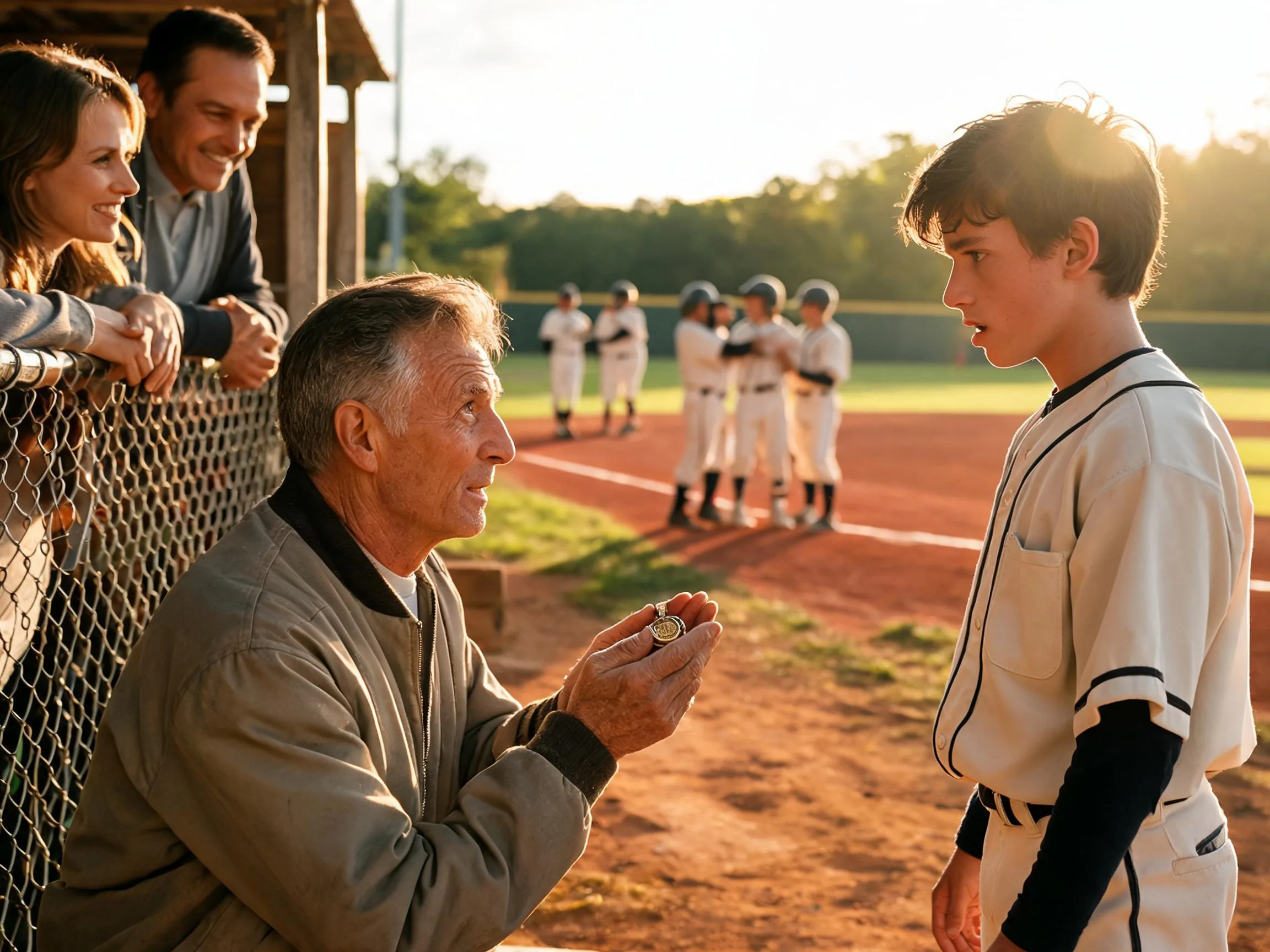 Coach shares proud moment with young baseball player as parents watch from dugout fence.