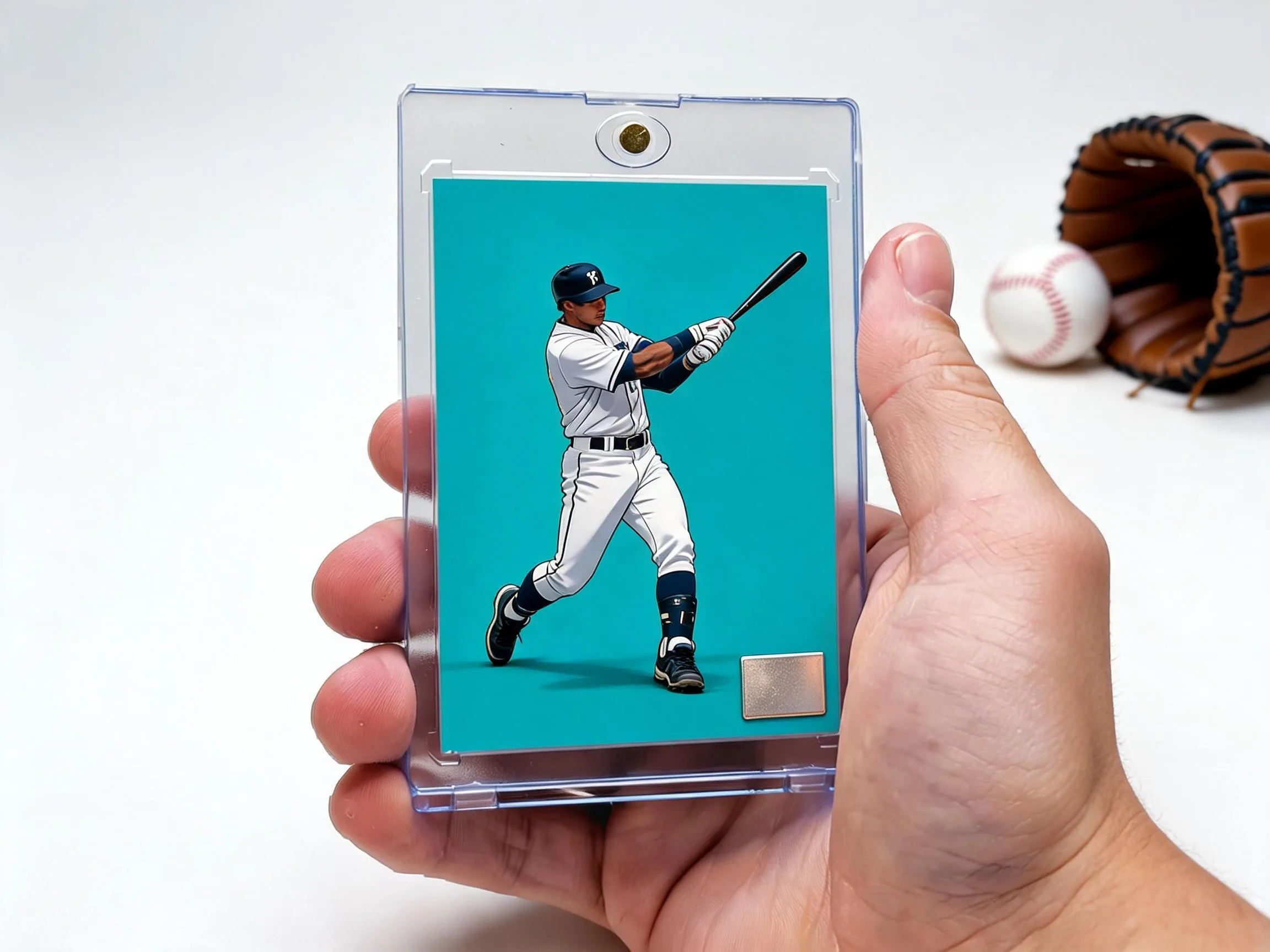 Custom baseball trading card in magnetic case, teal editorial design, batter mid-swing.
