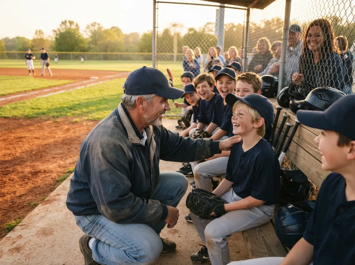 Parent and child holding a personalized baseball card together after a Little League game celebration