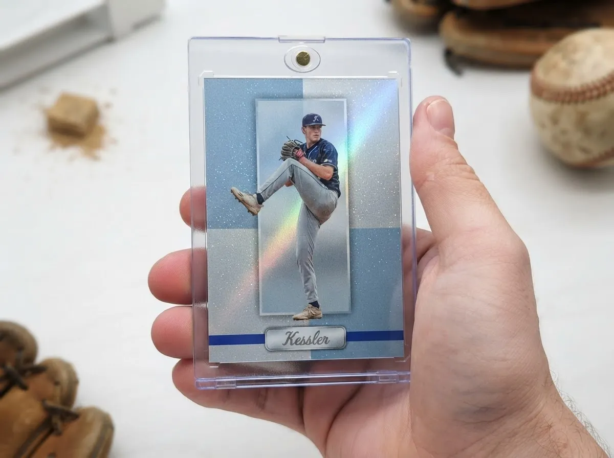 Close-up of premium card stock custom baseball card displayed inside a free magnetic protective case