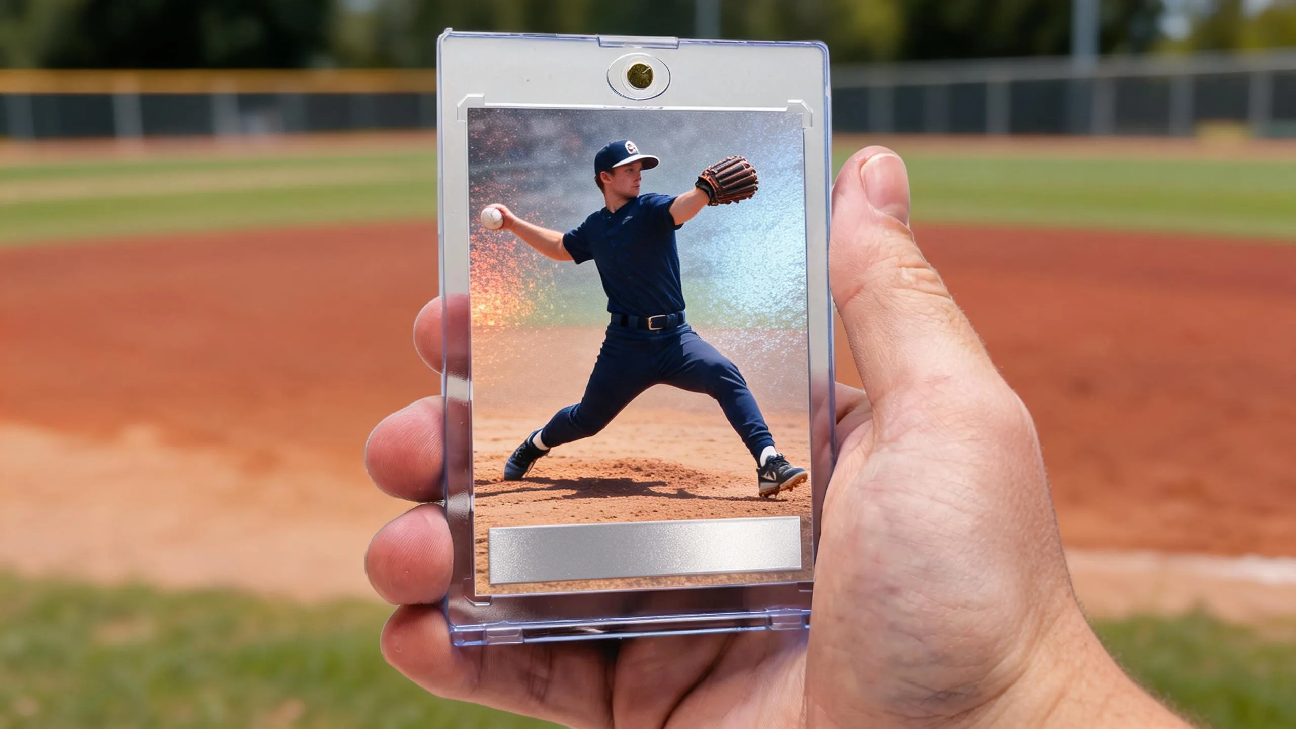 Hand holds magnetic case with custom topps design your own card baseball pitcher card