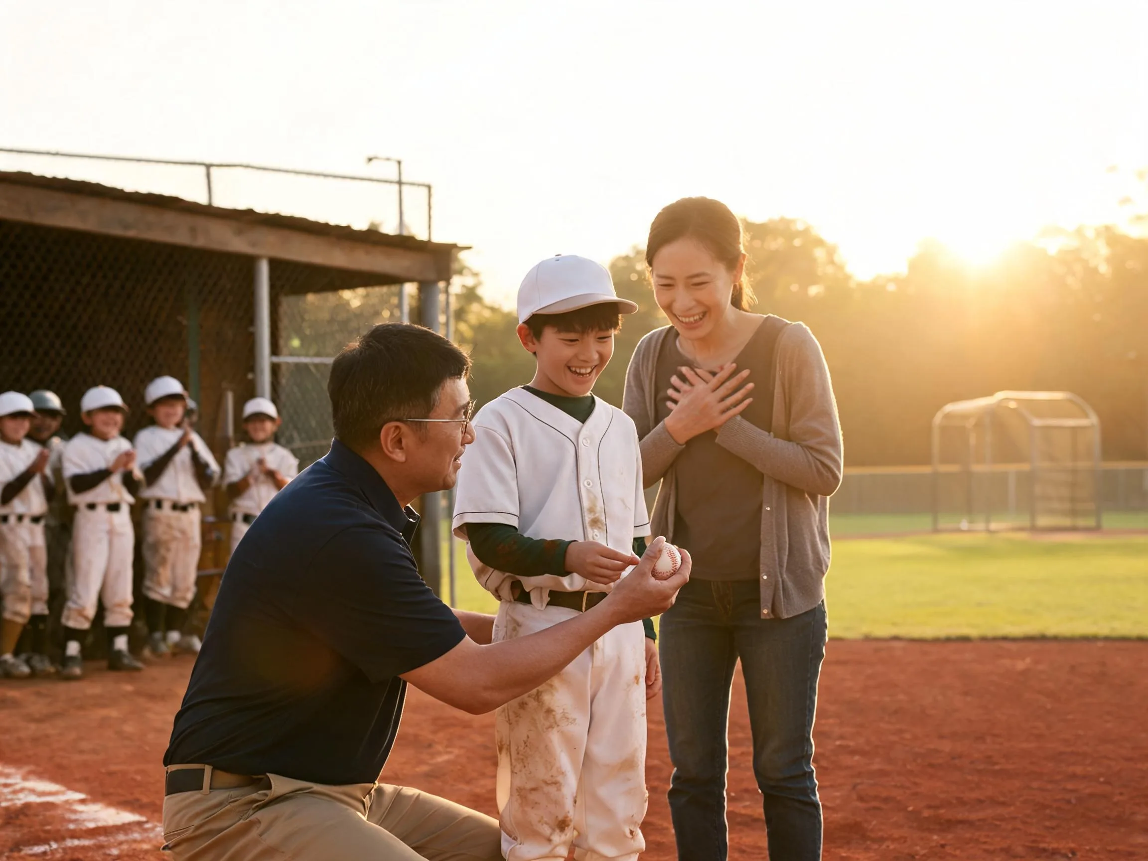 Coach and proud parent share emotional moment with young athlete at ballfield