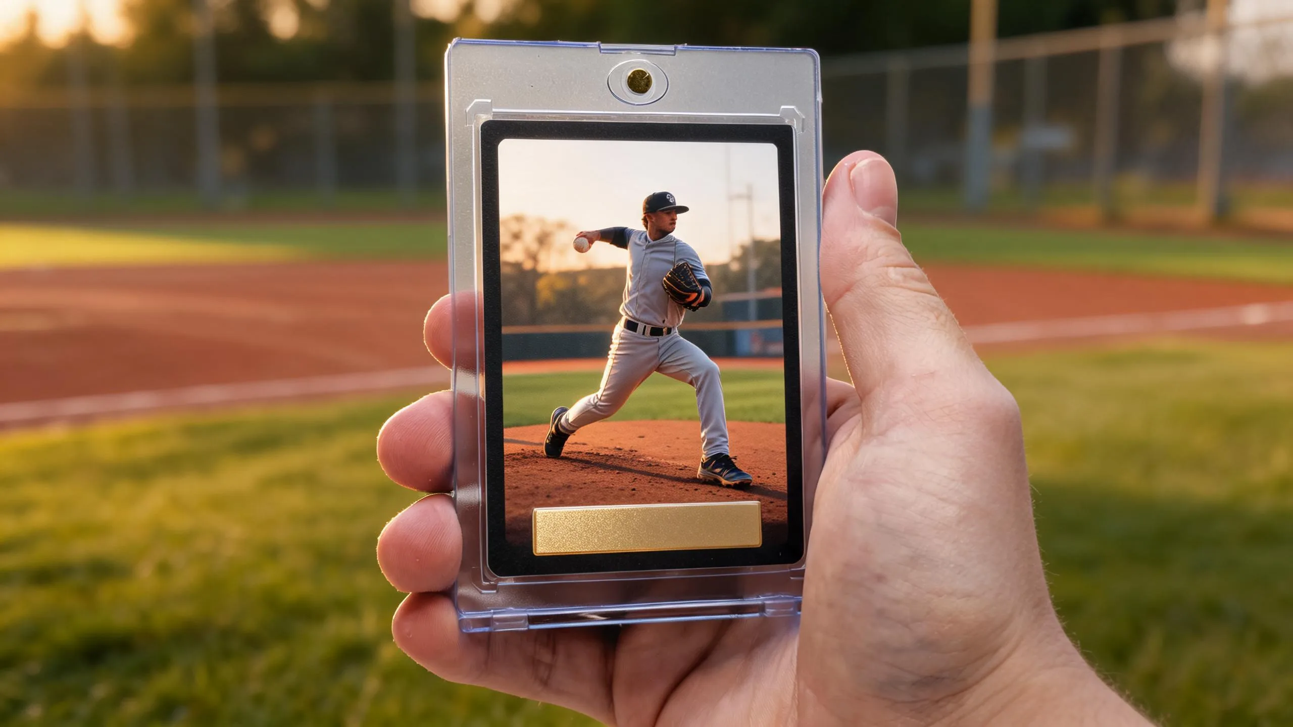 Hand holding magnetic case with dark gold-foil baseball card, part of topps drop schedule.