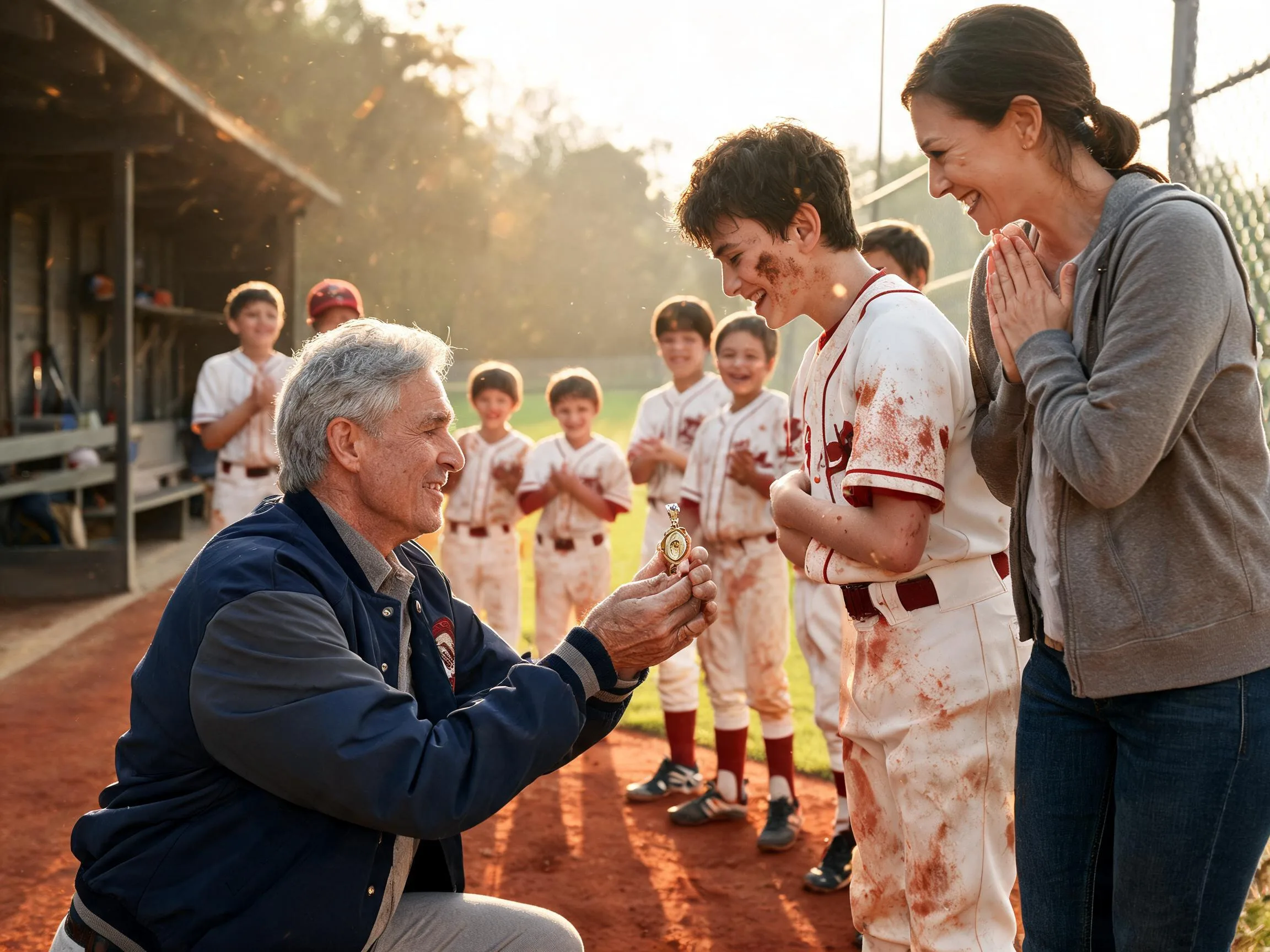 Coach and cheering teammates share proud moment with young player on sunlit baseball field.