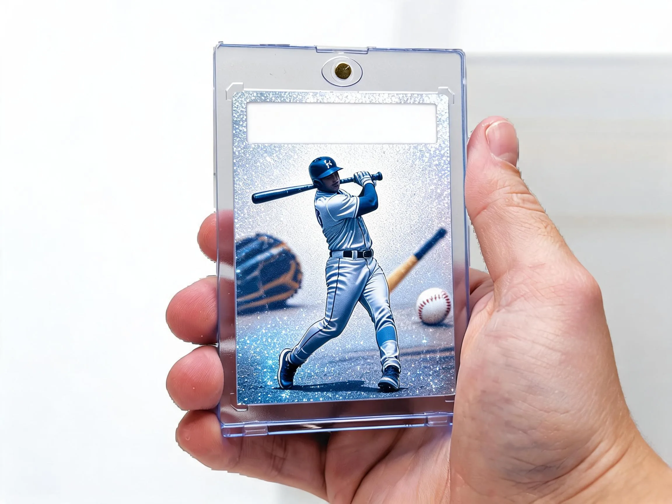 Custom baseball trading card in magnetic case with icy silver-blue refractor design.